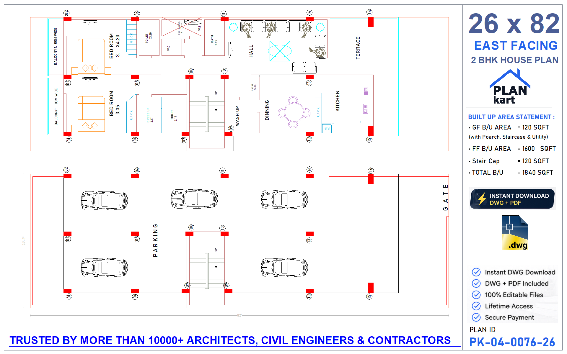 26 x 82 East Facing 2 BHK House Plan - view 1