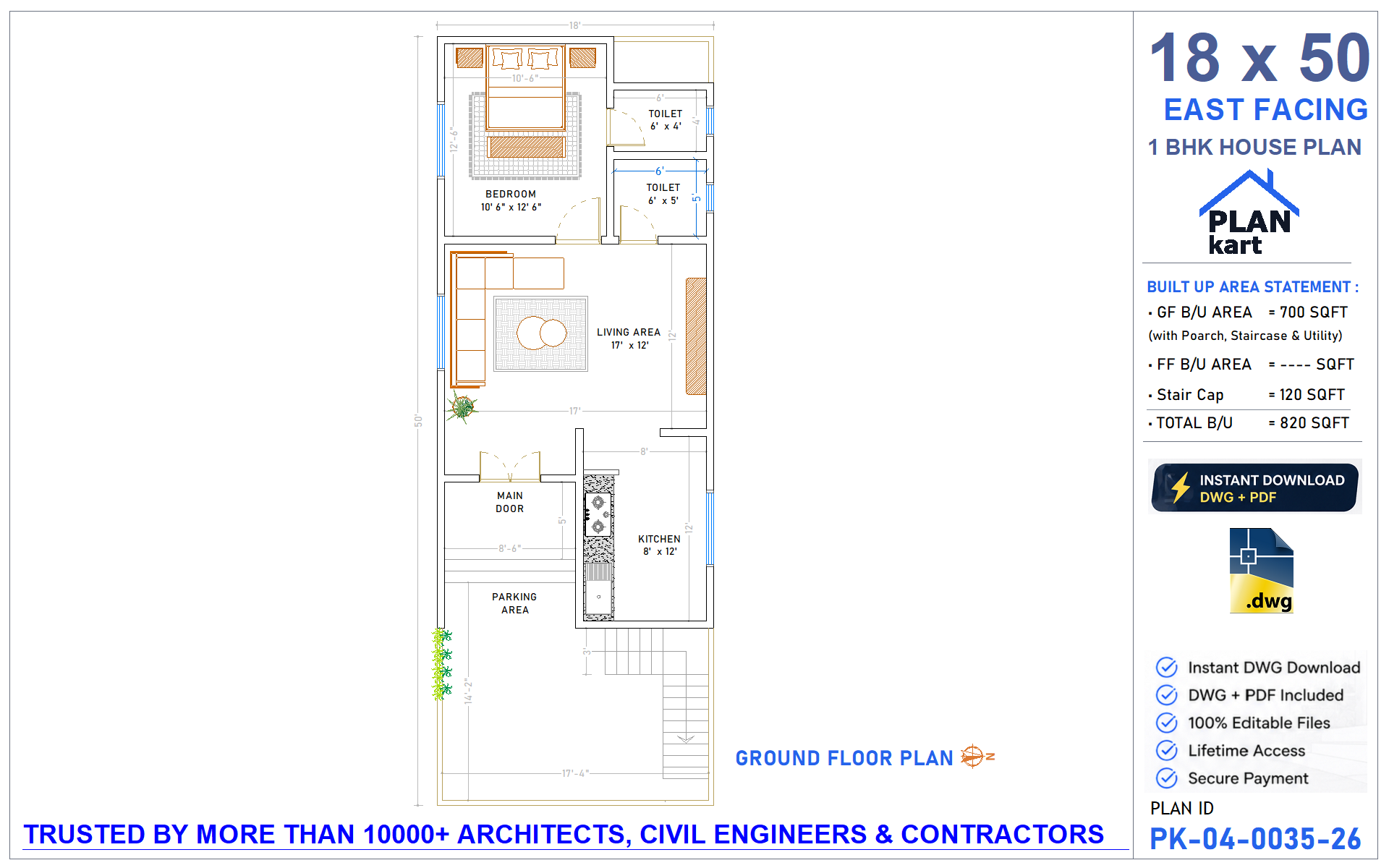 18 x 50 East Facing 1 BHK House Plan - view 1