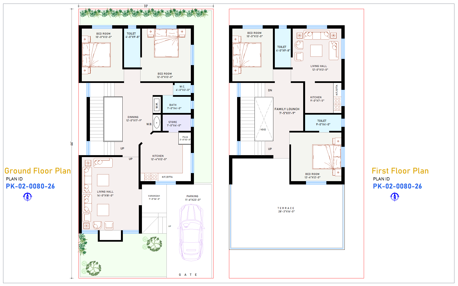 33x66 East Facing 4 BHK House Plan