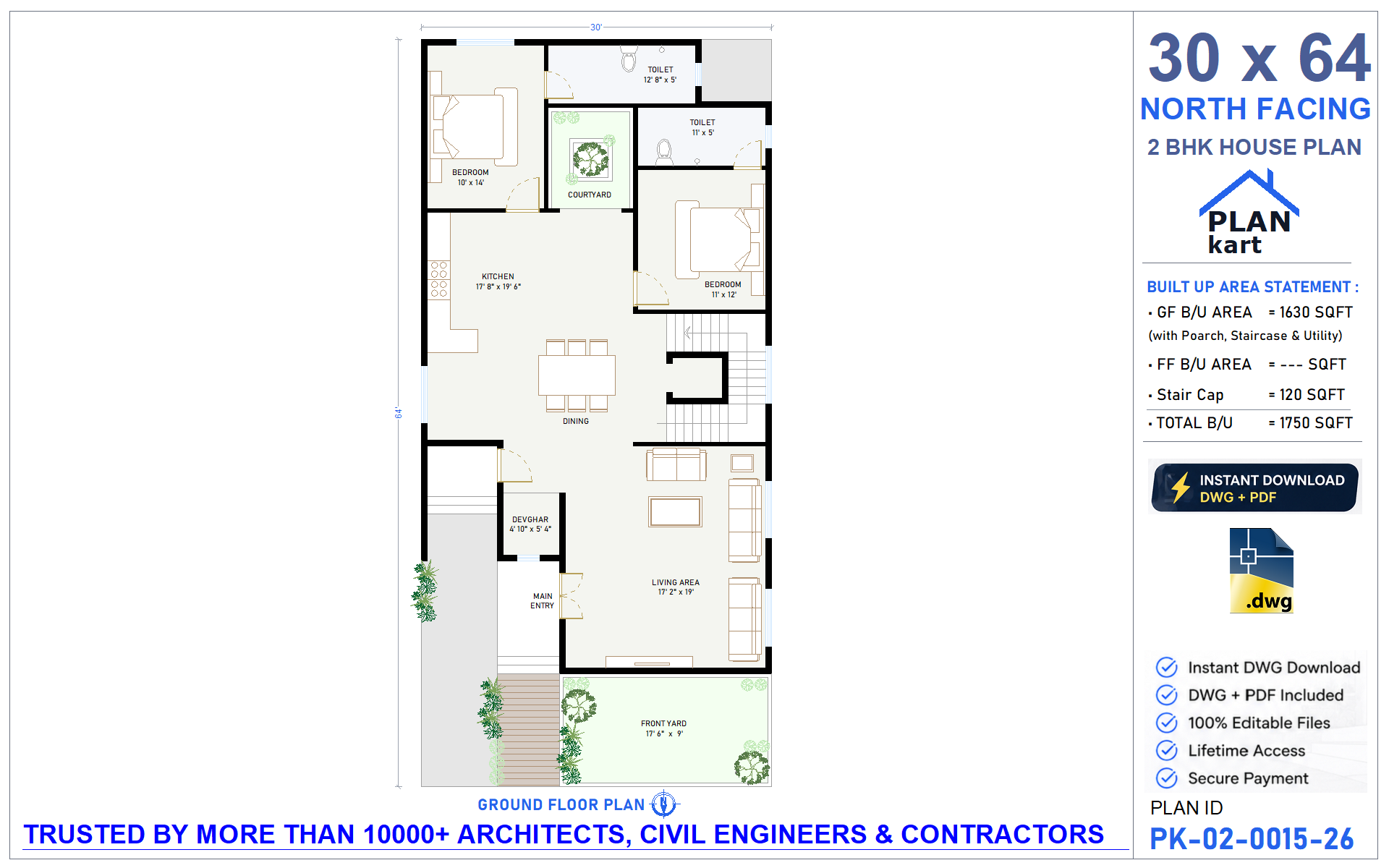 30X64 North Facing Plot 2 BHK House Floor Plan (.dwg)