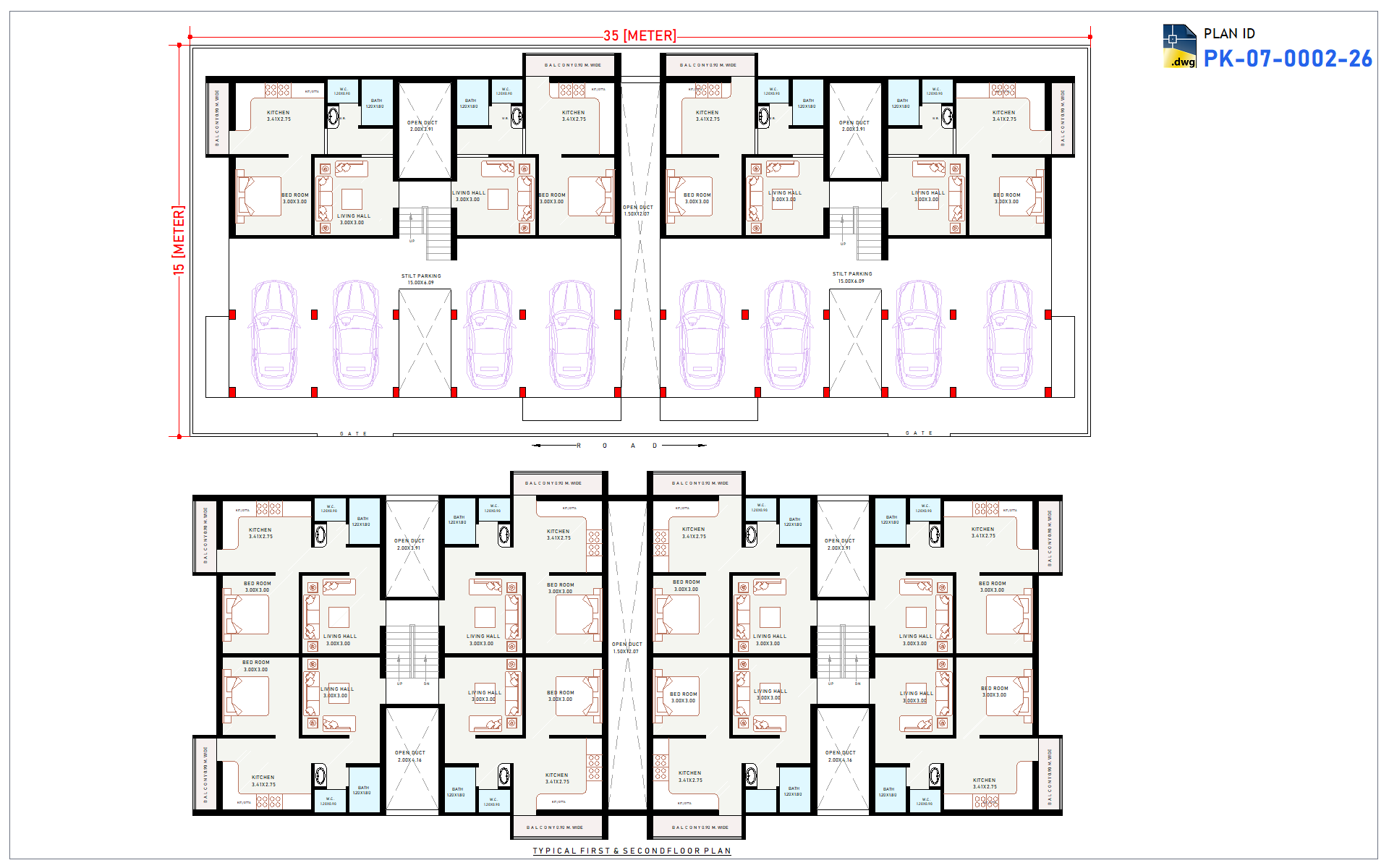 35x15 m Apartment Plan (1 BHK + 2 BHK)