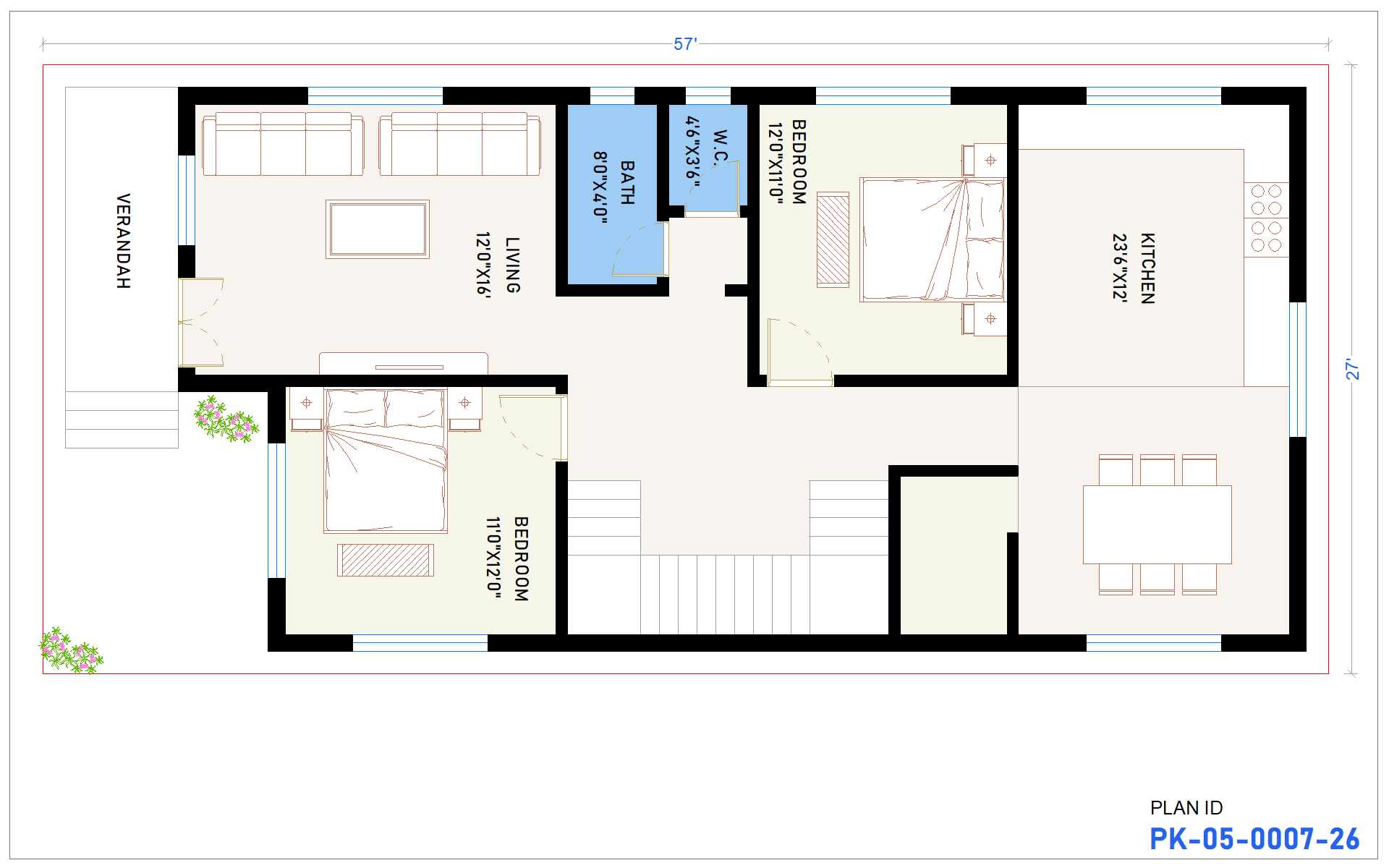 27x57 North Facing 2BHK House Plan - view 1