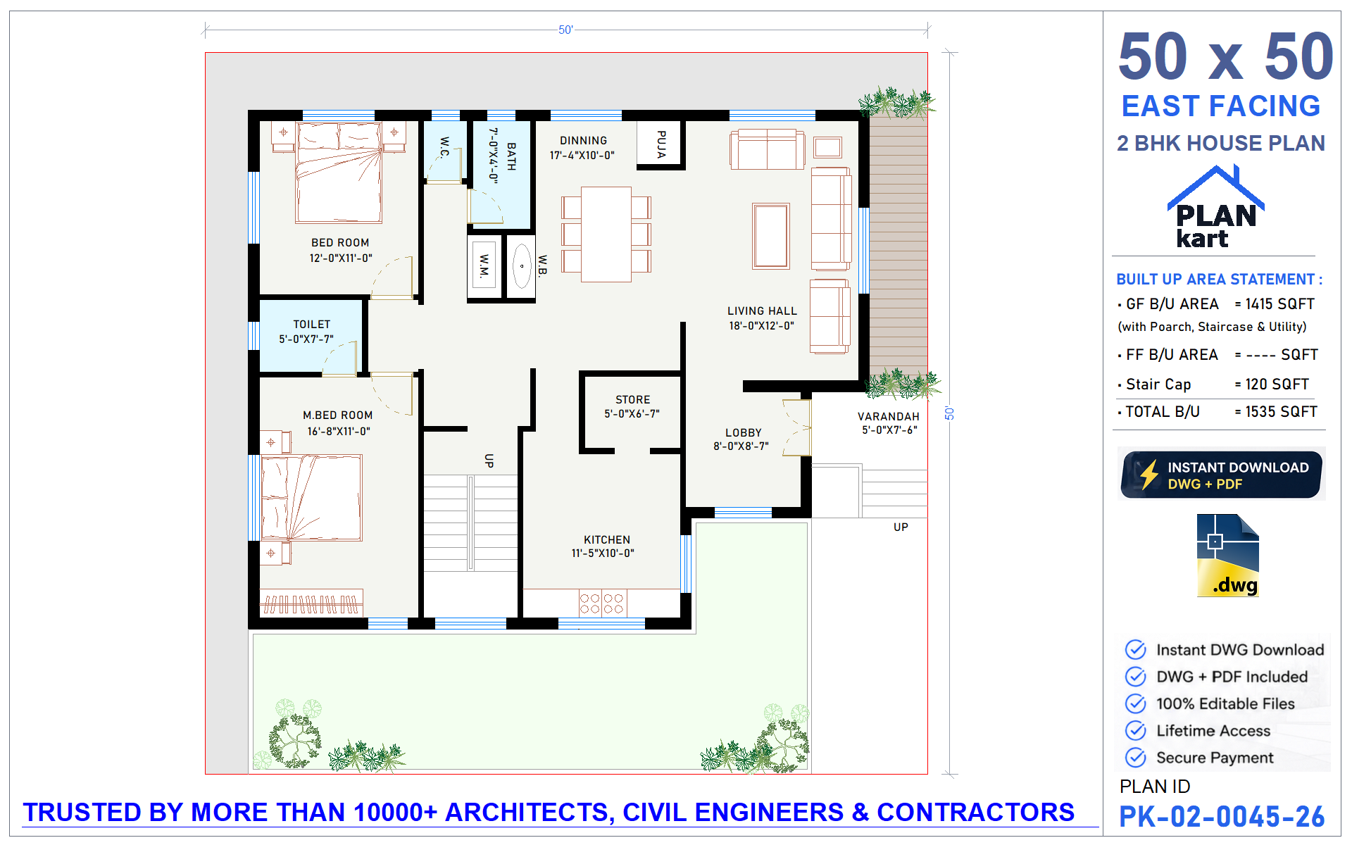 50x50 East Facing 2 BHK House Plan
