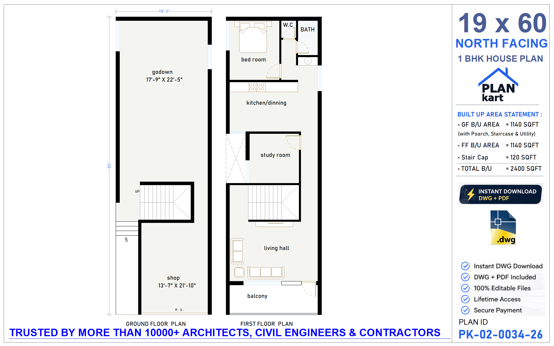 19x60 North Facing 1 BHK House Plan - view 1