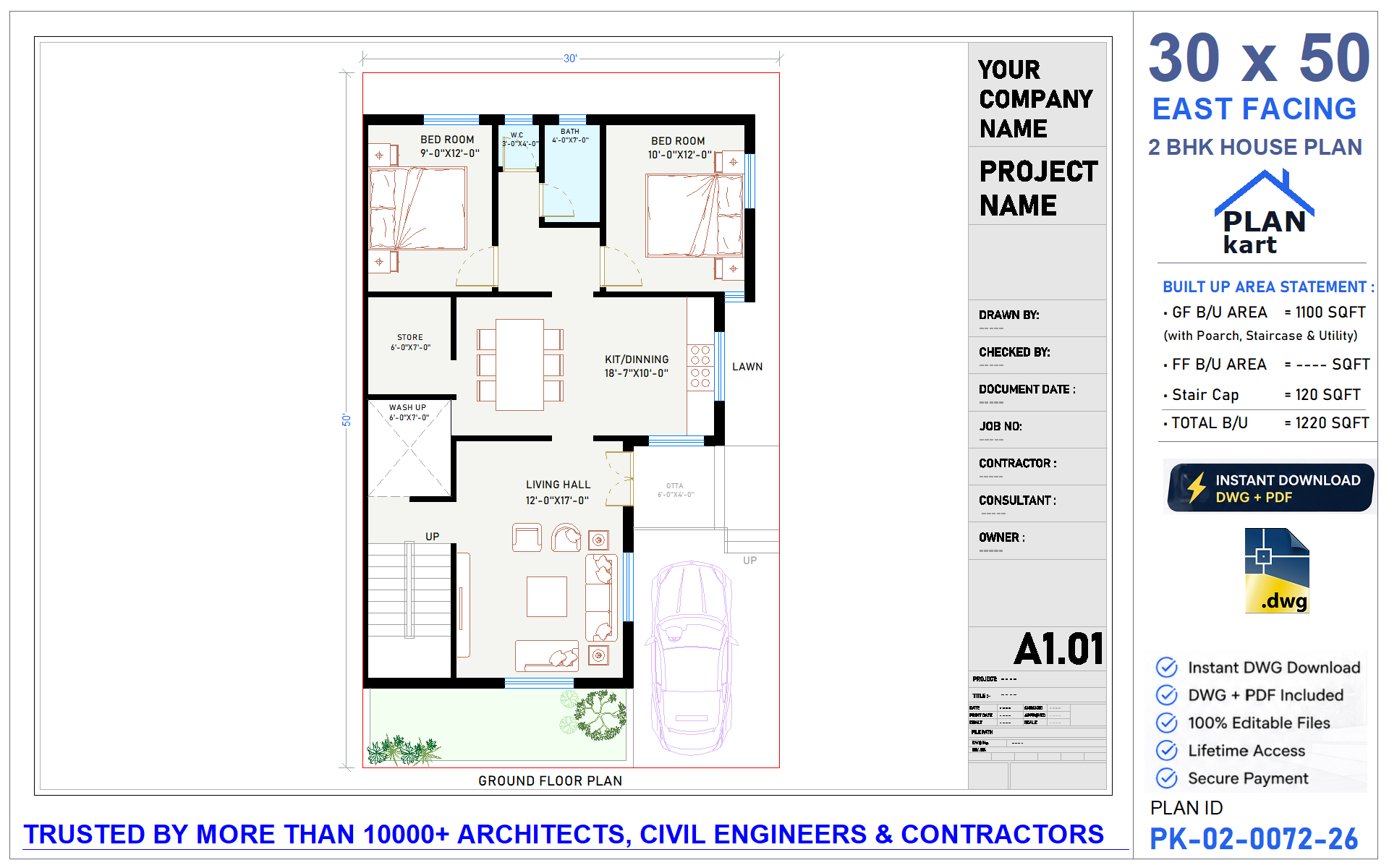 30x50 East Facing 2 BHK House Plan