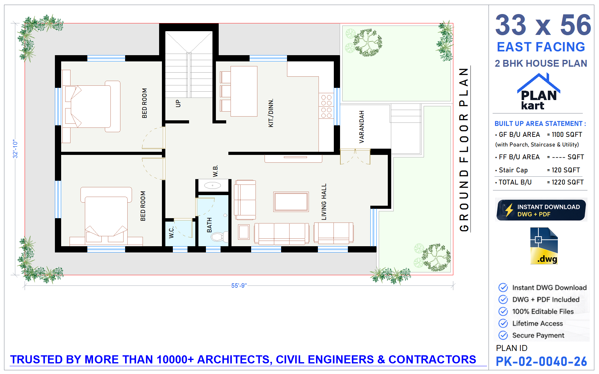 33x56 East Facing 2 BHK House Plan