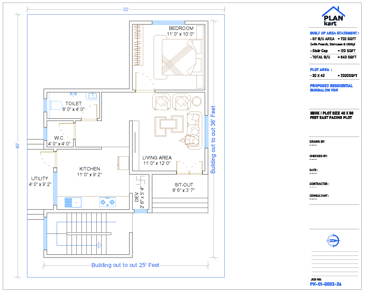 1 BHK I 30 x 40 ft East Facing (.dwg)