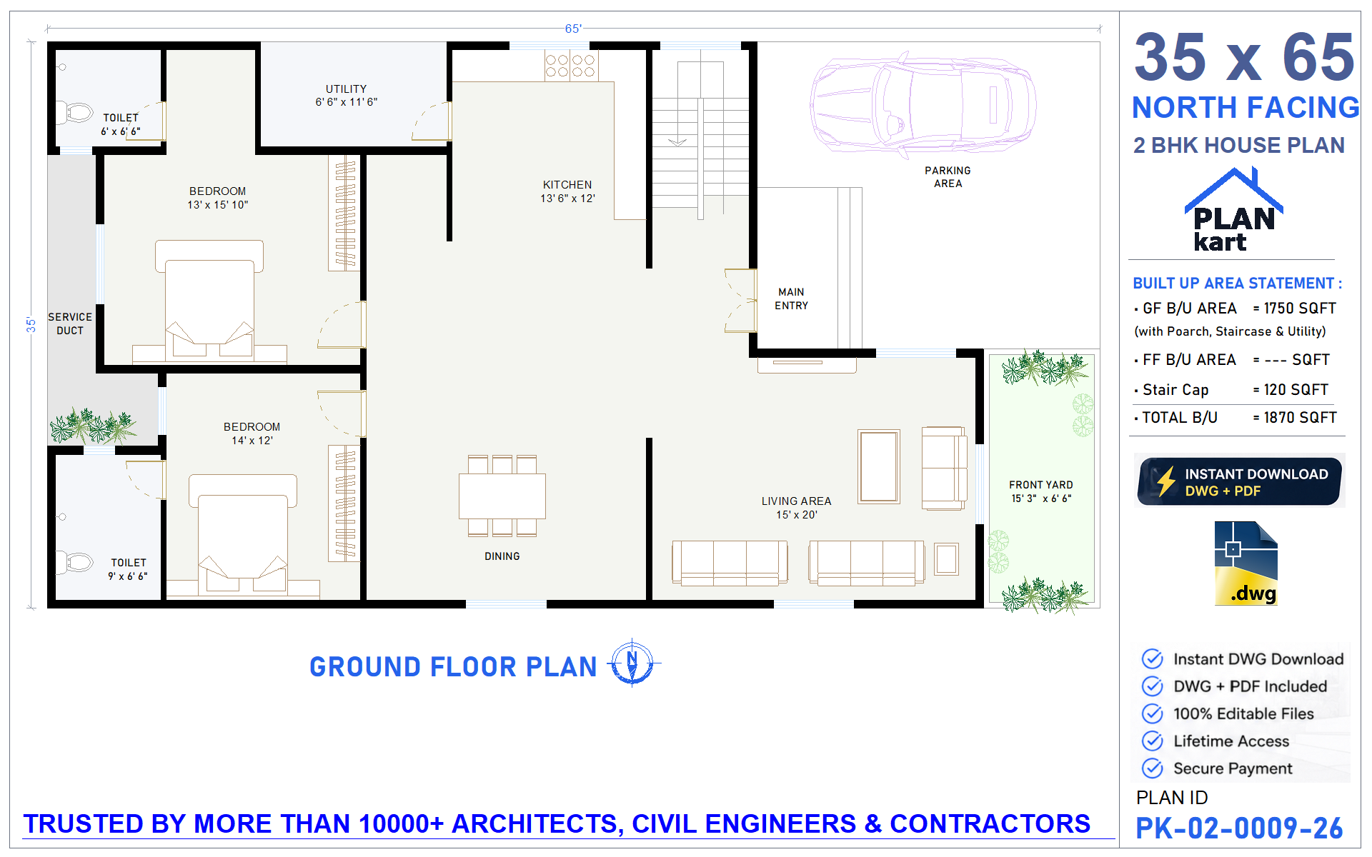 35 X 65 House Plan | North Facing 2BHK Floor Plan (.dwg)