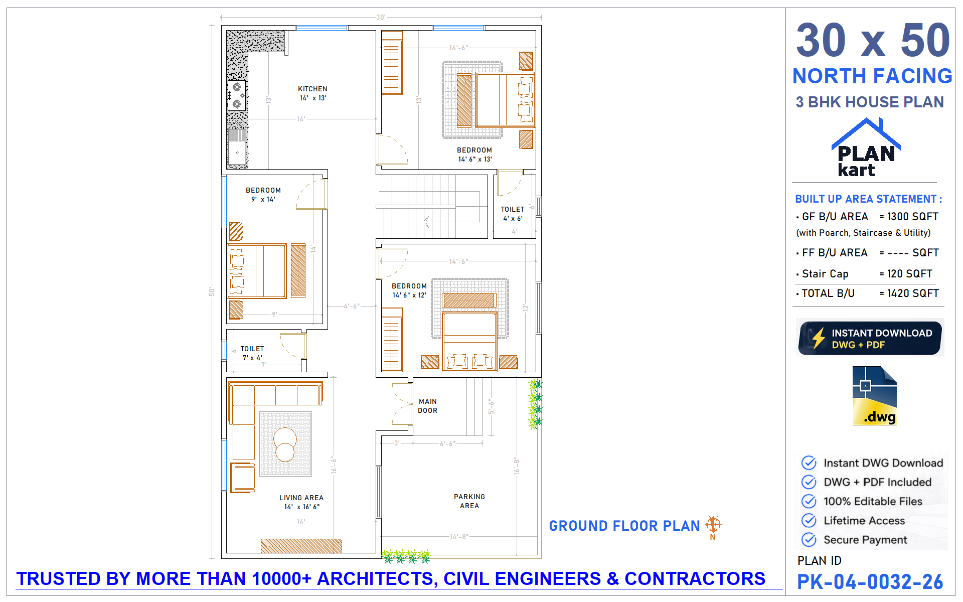 30 x 50 North Facing 3 BHK House Plan - view 1