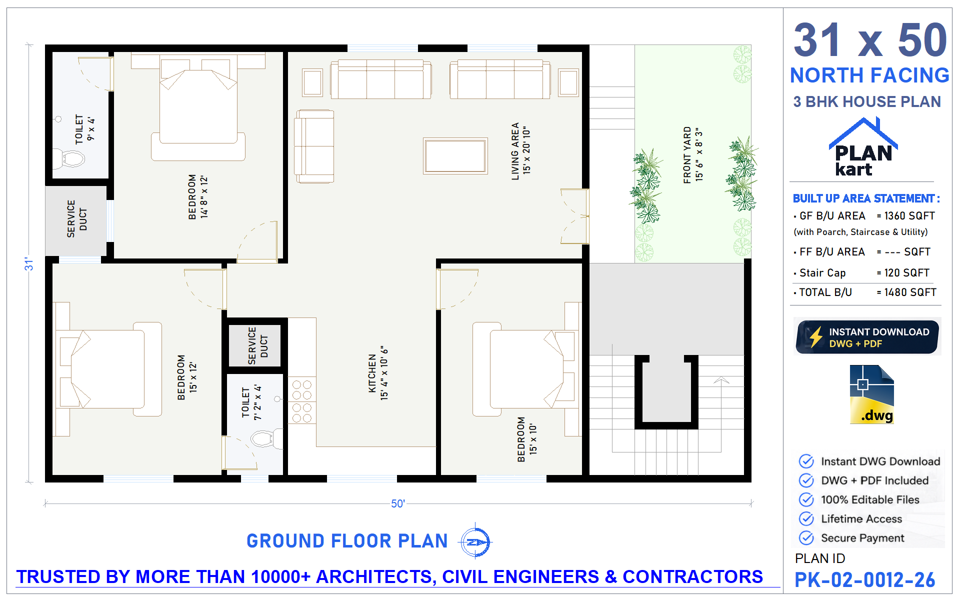 31 X 50 House Plan | North Facing 3BHK Floor Plan (.dwg)