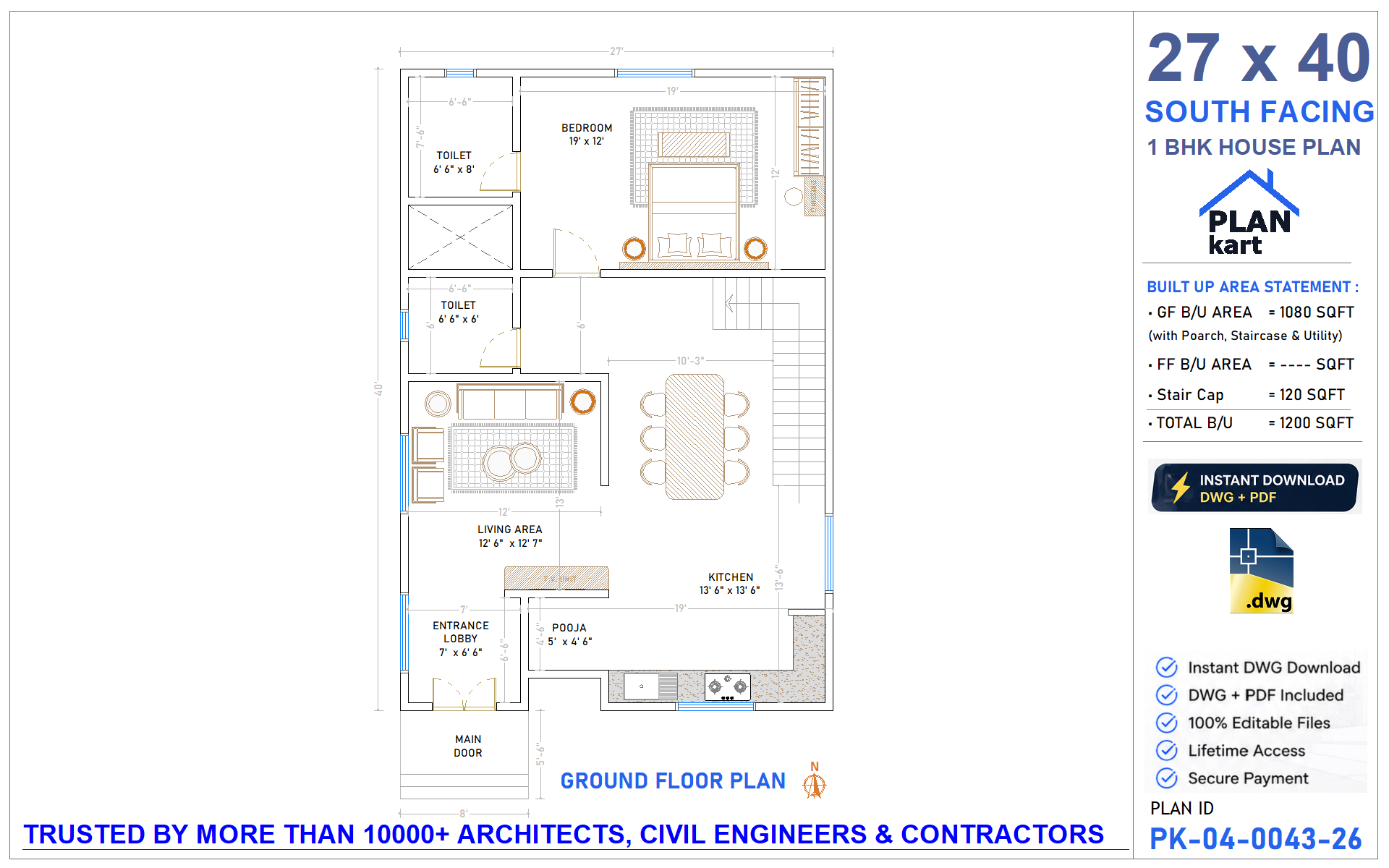 27 x 40 South Facing 1 BHK House Plan - view 1