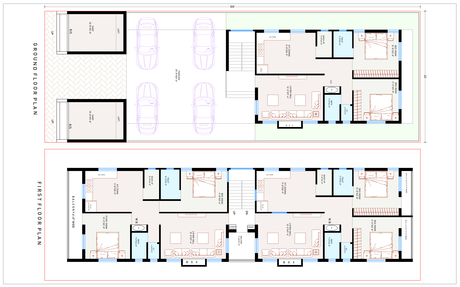 35x100 East Facing 2 BHK House Plan - view 1