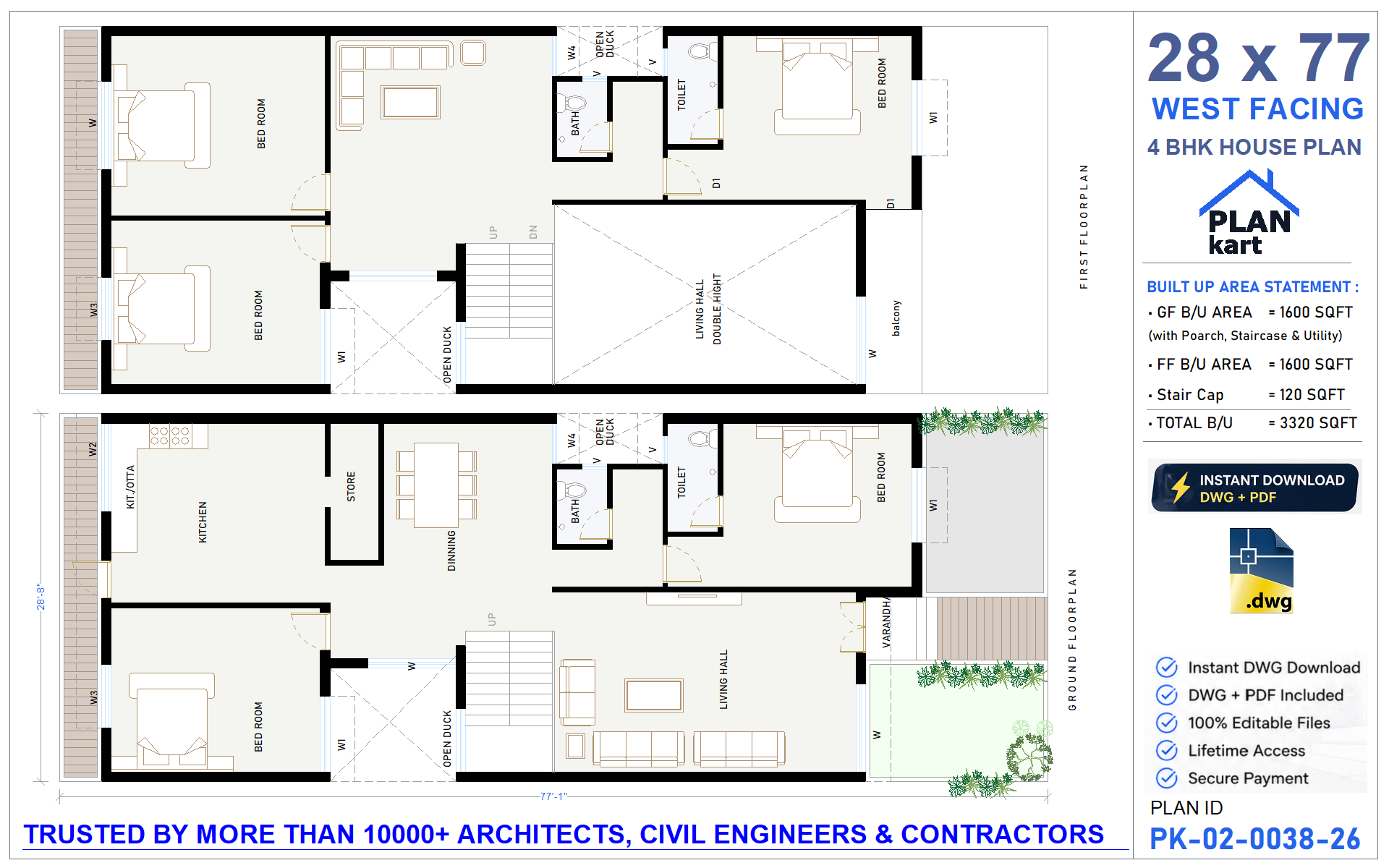 28x77 South Facing 4 BHK House Plan