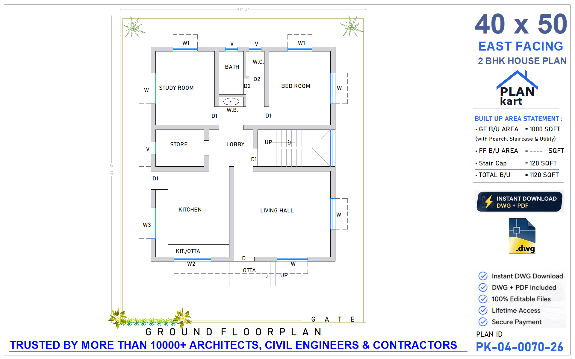 40 x 50 East Facing 2 BHK House Plan - view 1
