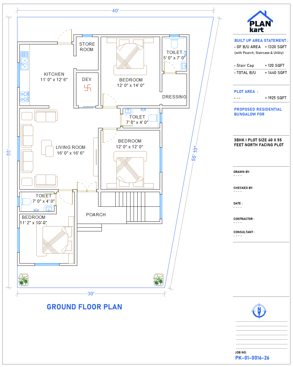 3 BHK I 40 x 55 ft North Facing (.dwg)