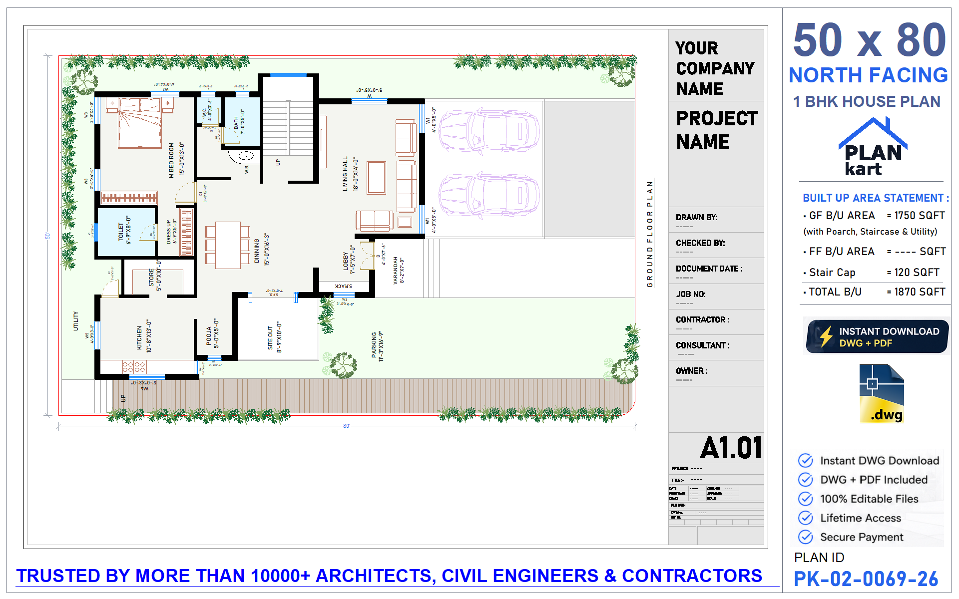 50x80 North Facing 1 BHK House Plan