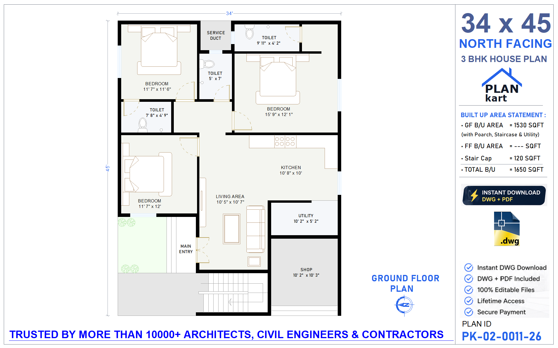 34 X 45 House Plan | North Facing 3BHK Floor Plan (.dwg)