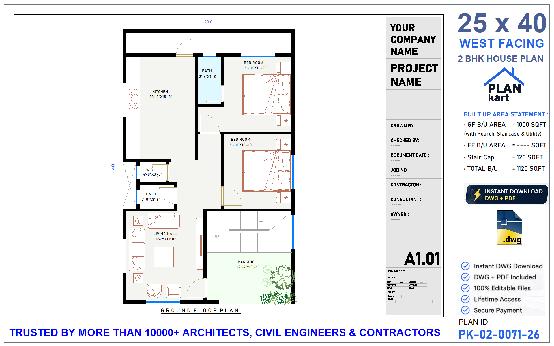 25x40 West Facing 2 BHK House Plan