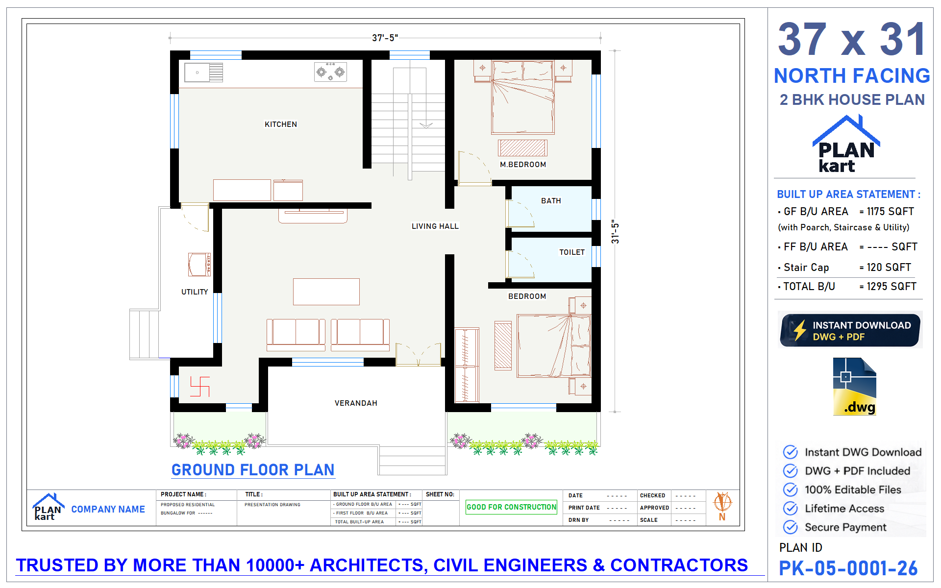 37x31 North Facing 2 BHK House Plan