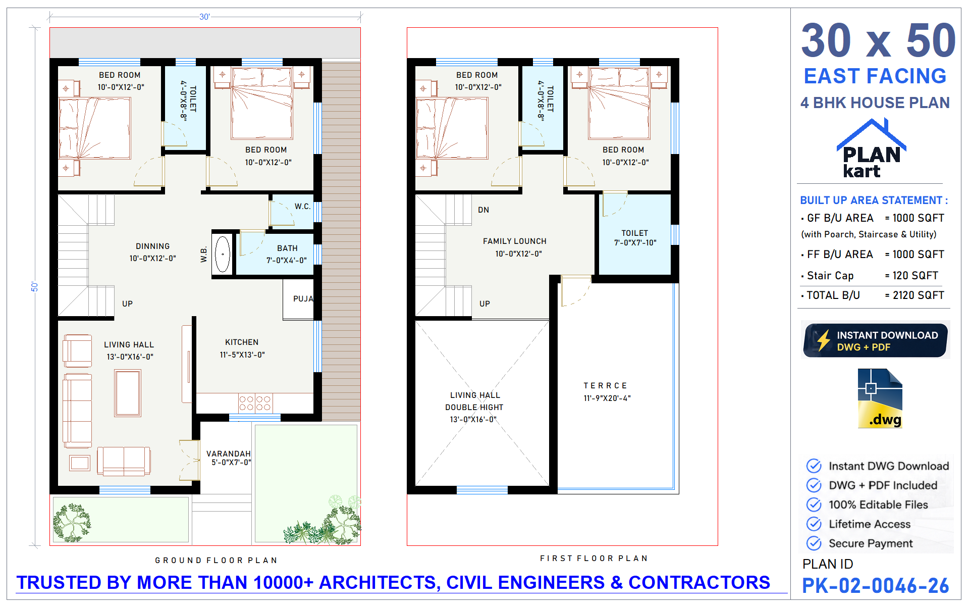 30x50 East Facing 4 BHK House Plan