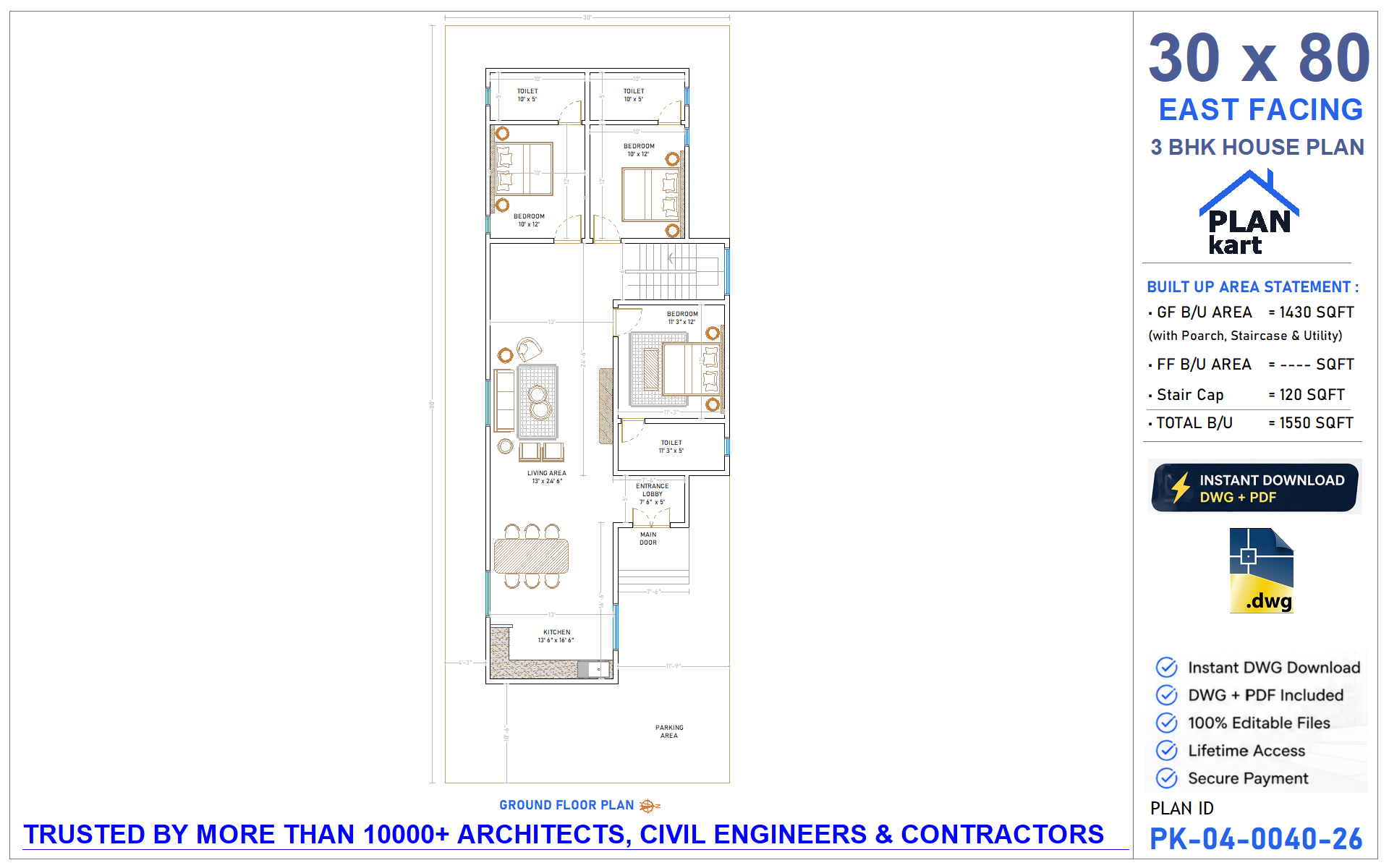 30 x 80 East Facing 3 BHK House Plan - view 1