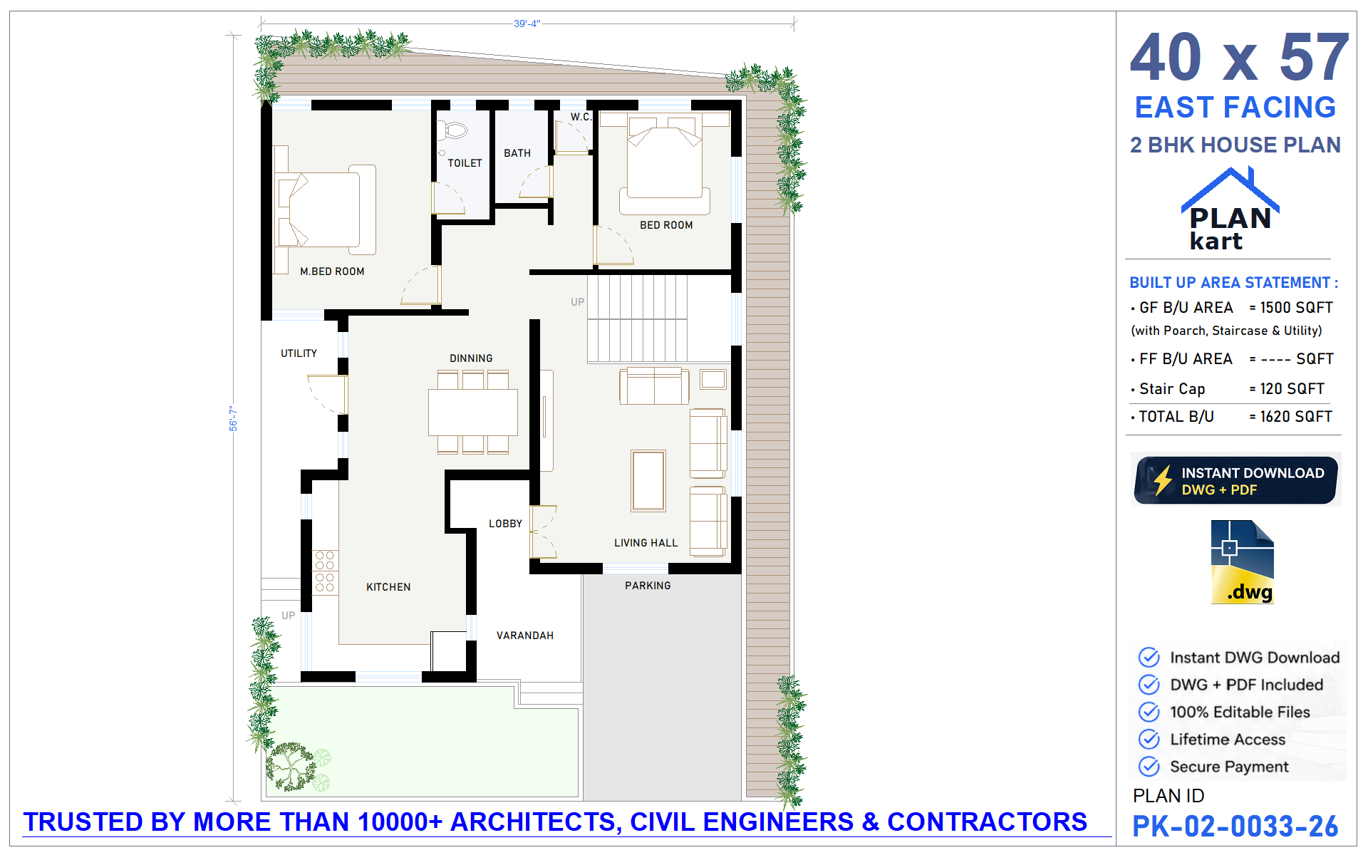 40x57 East Facing 2 BHK House Plan - view 1