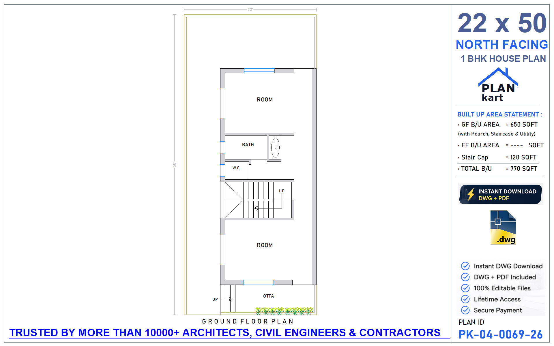 22 x 50 North Facing 1 BHK House Plan - view 1