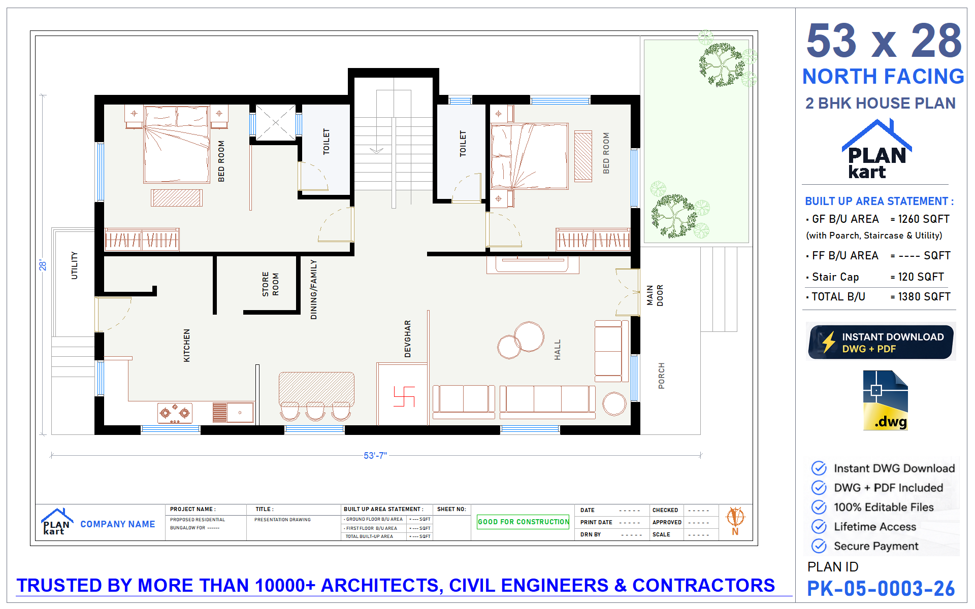 53x28 East Facing 2BHK House Plan