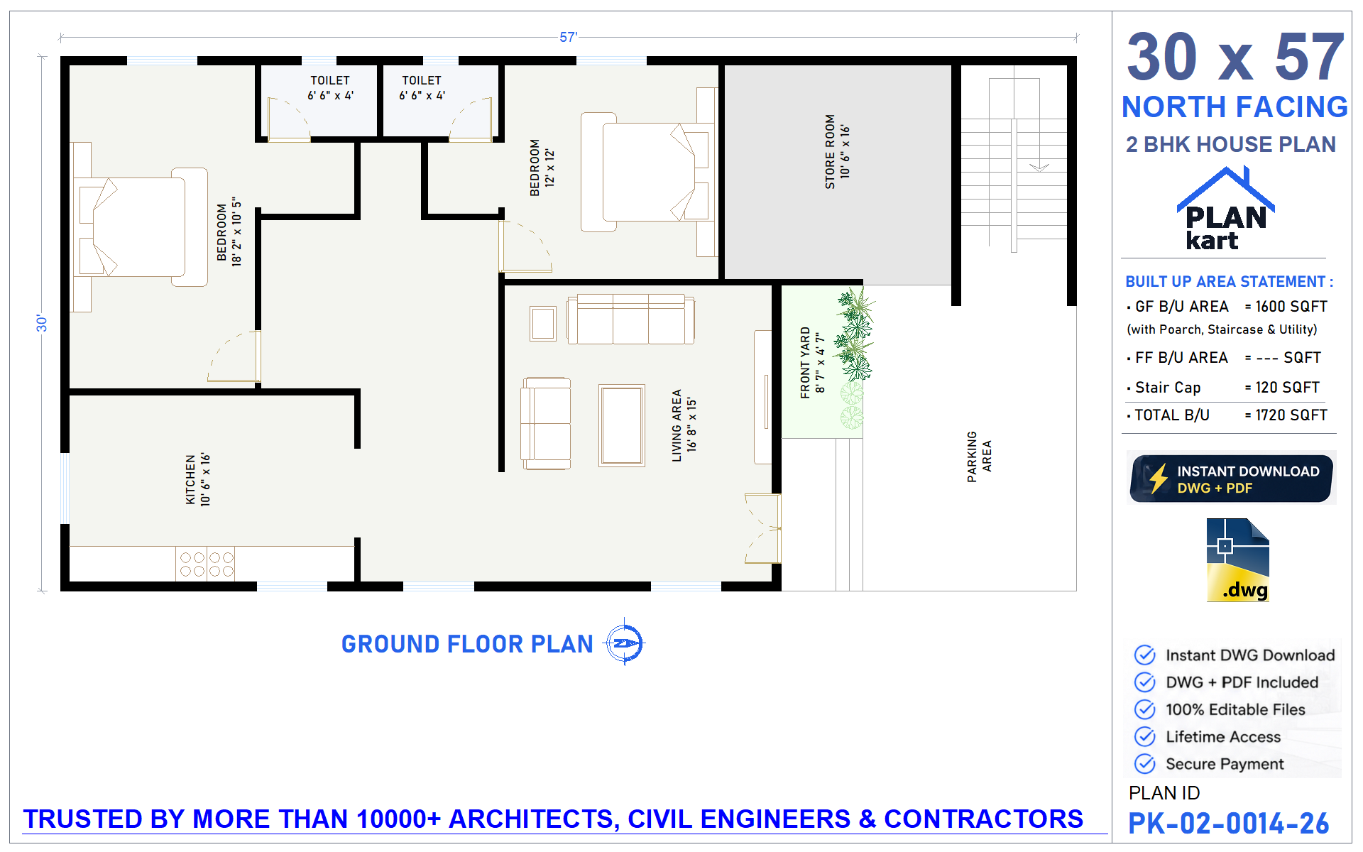 30 X 57 House Plan | North Facing 2BHK Floor Plan (.dwg)