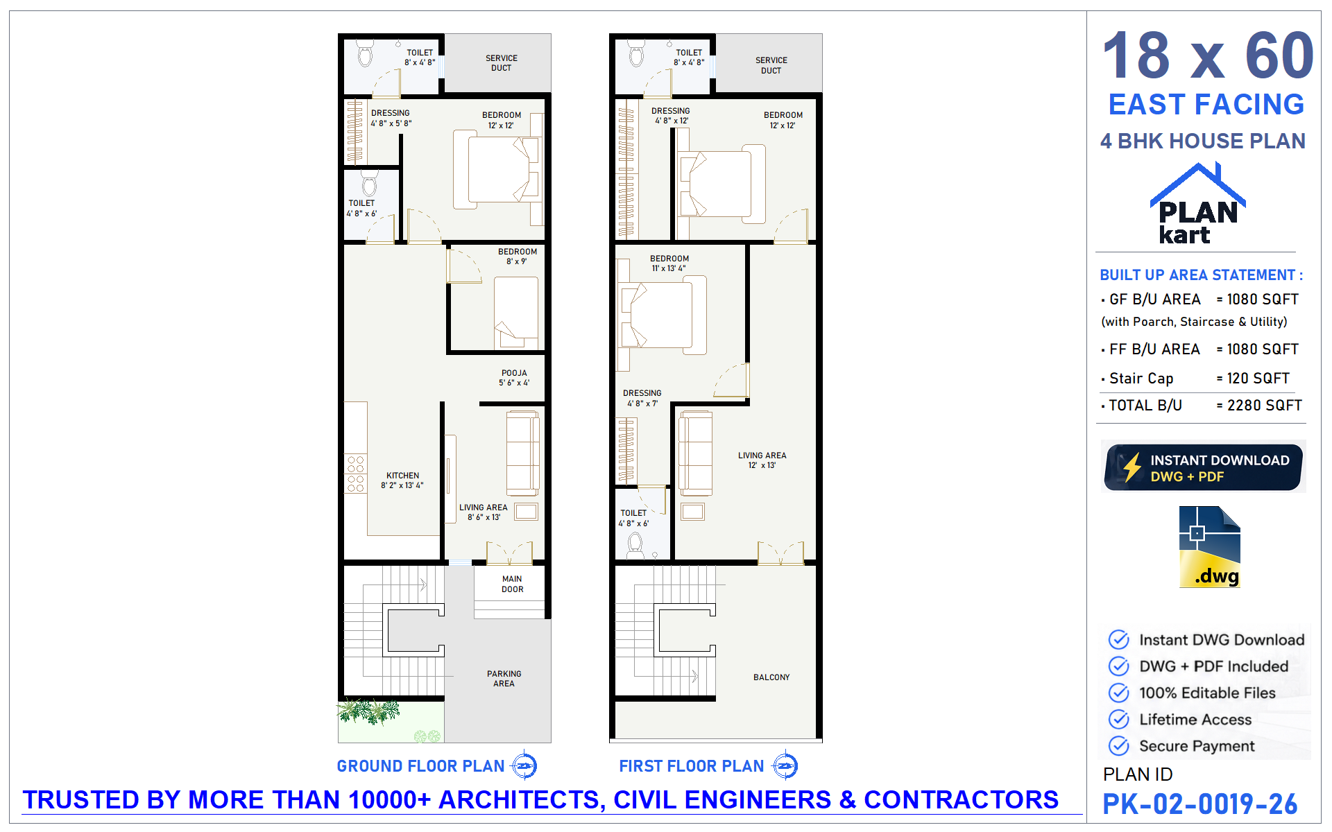 18 x 60 East Facing House Plan | Editable AutoCAD Floor Plan