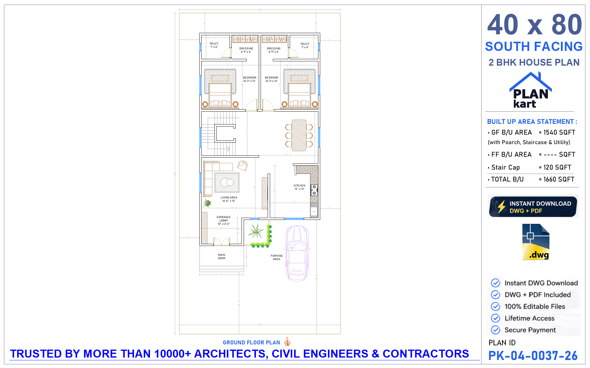 40 x 80 South Facing 2 BHK House Plan - view 1