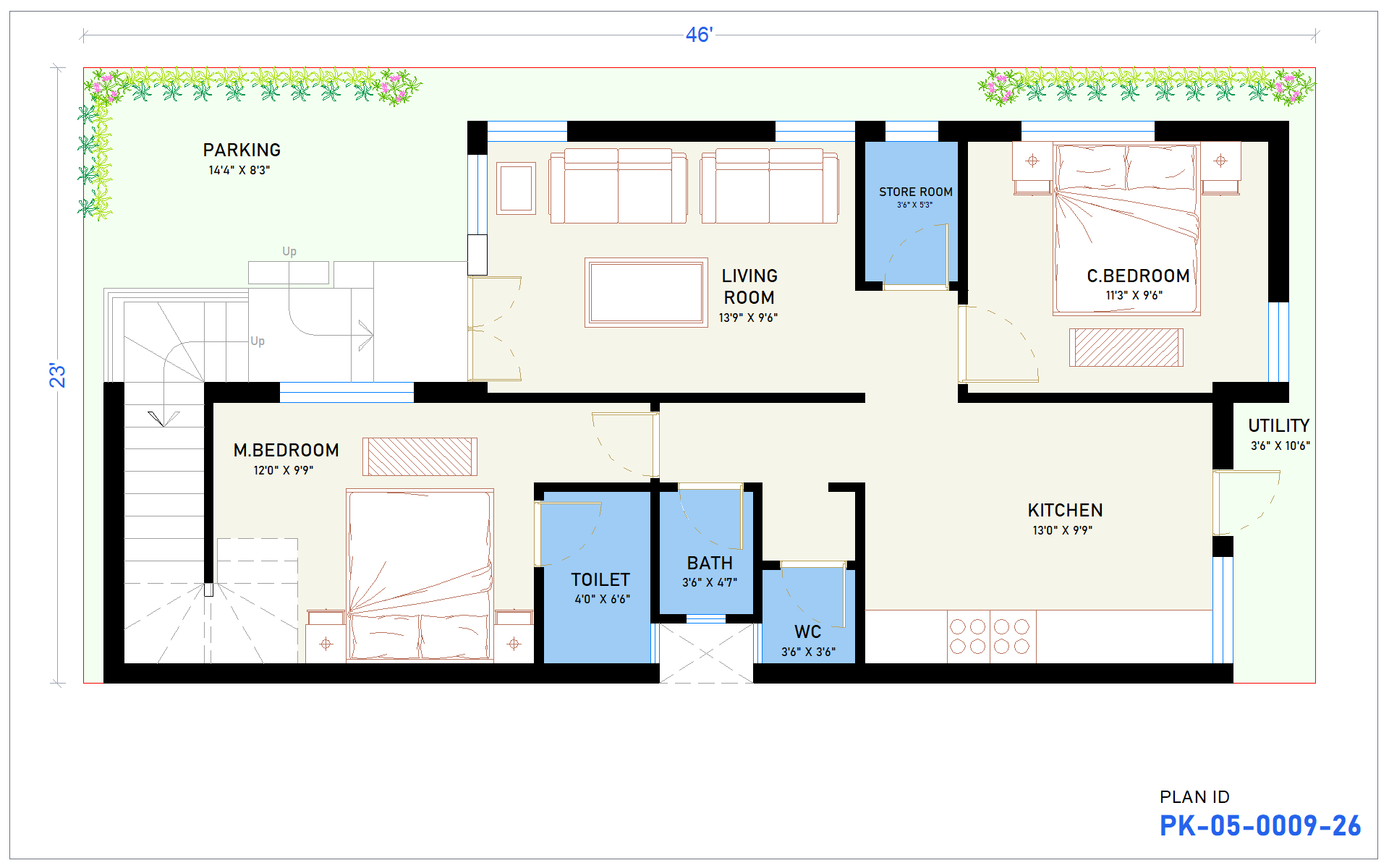 23x46 West Facing 2BHK House Plan - view 1