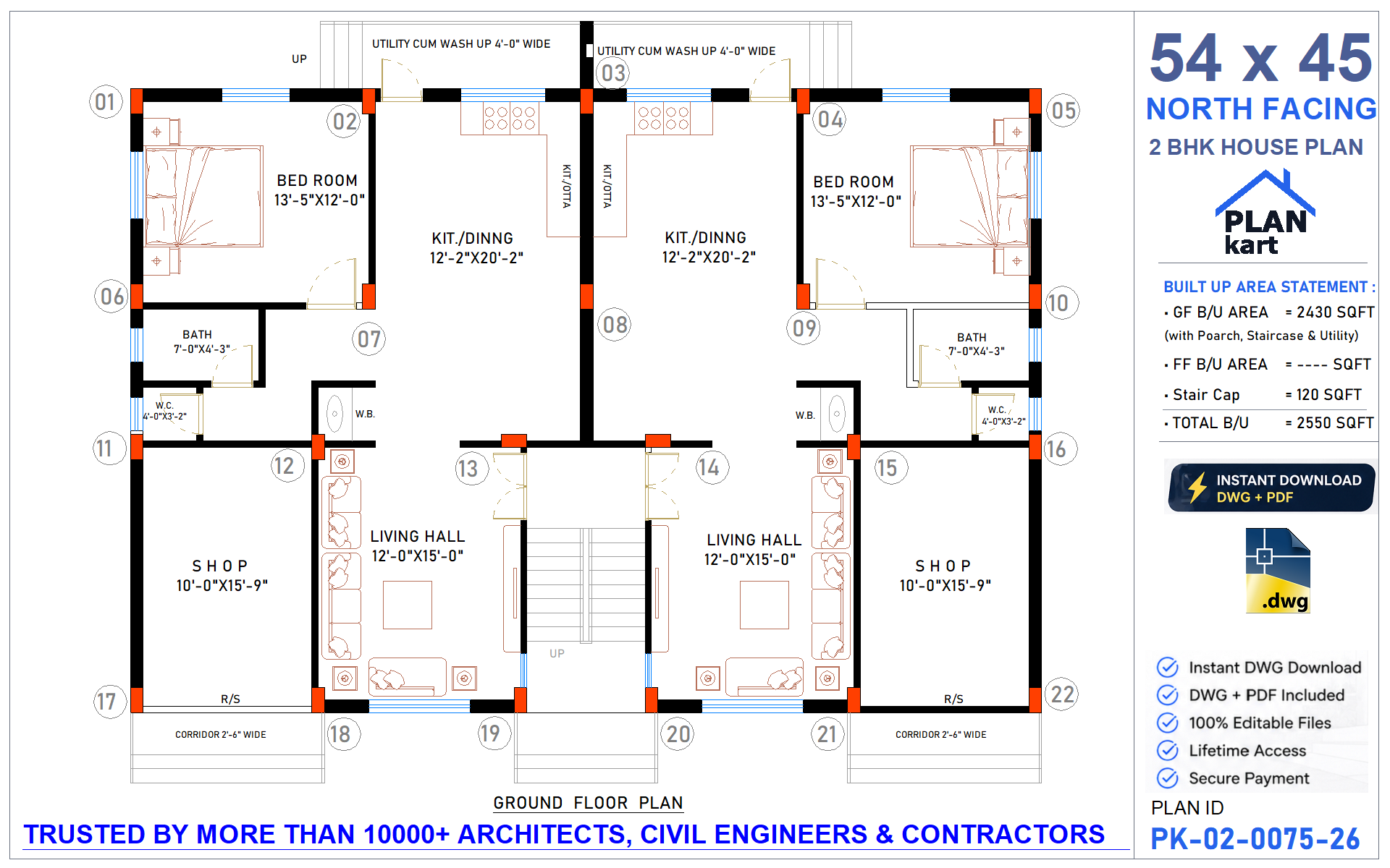 54x45 North Facing 2 BHK House Plan