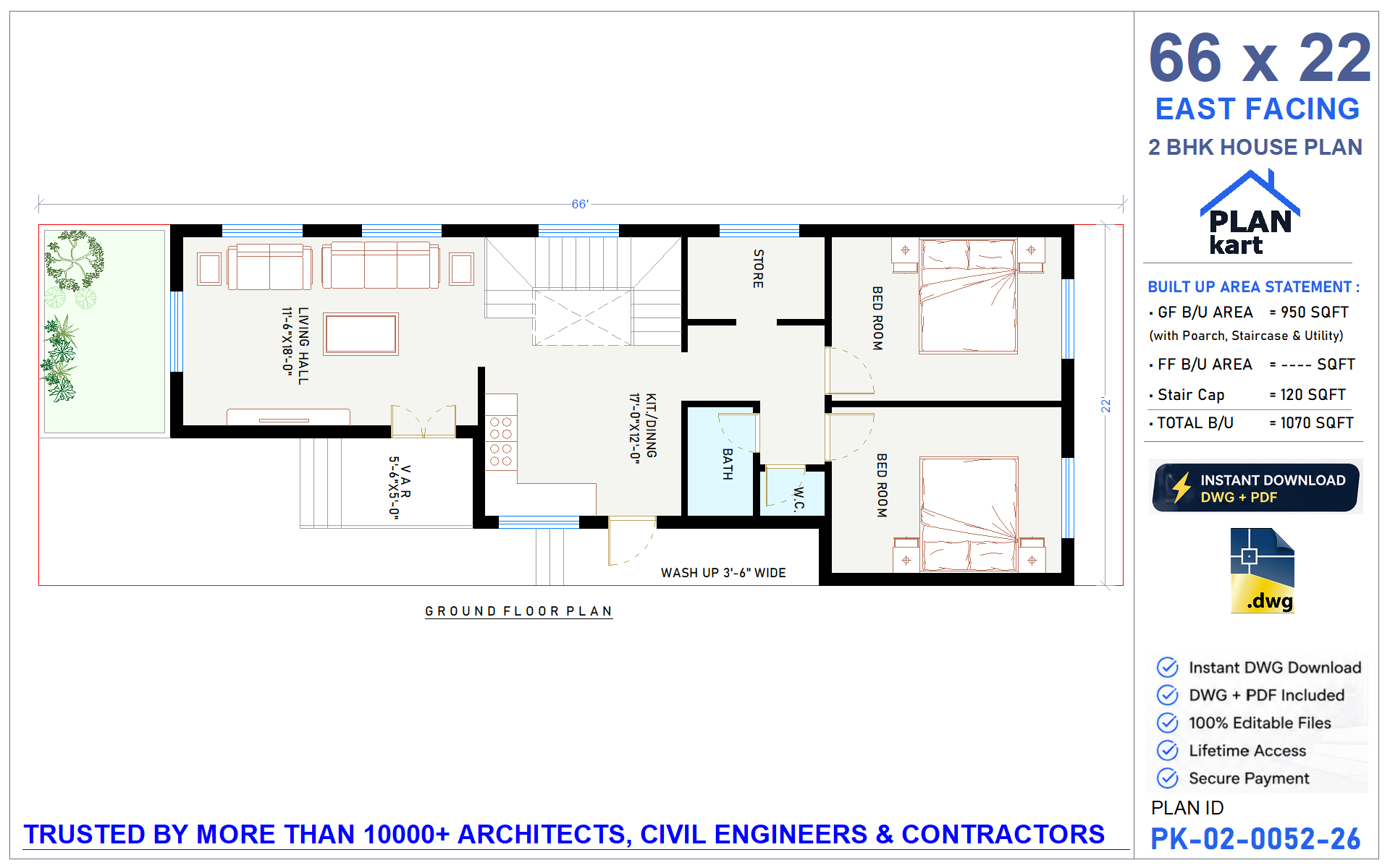 22x66 East Facing 2 BHK House Plan