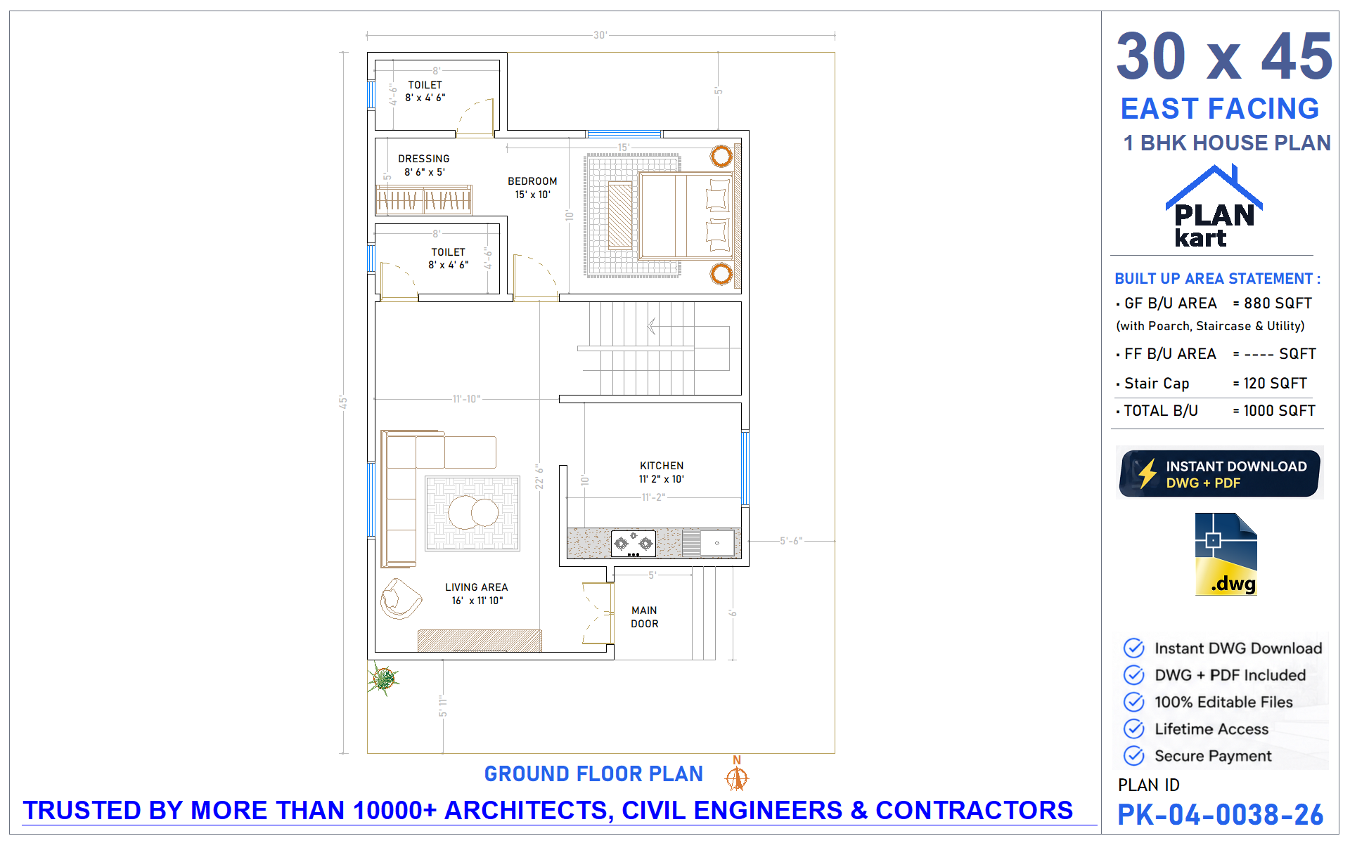 30 x 45 East Facing 1 BHK House Plan - view 1