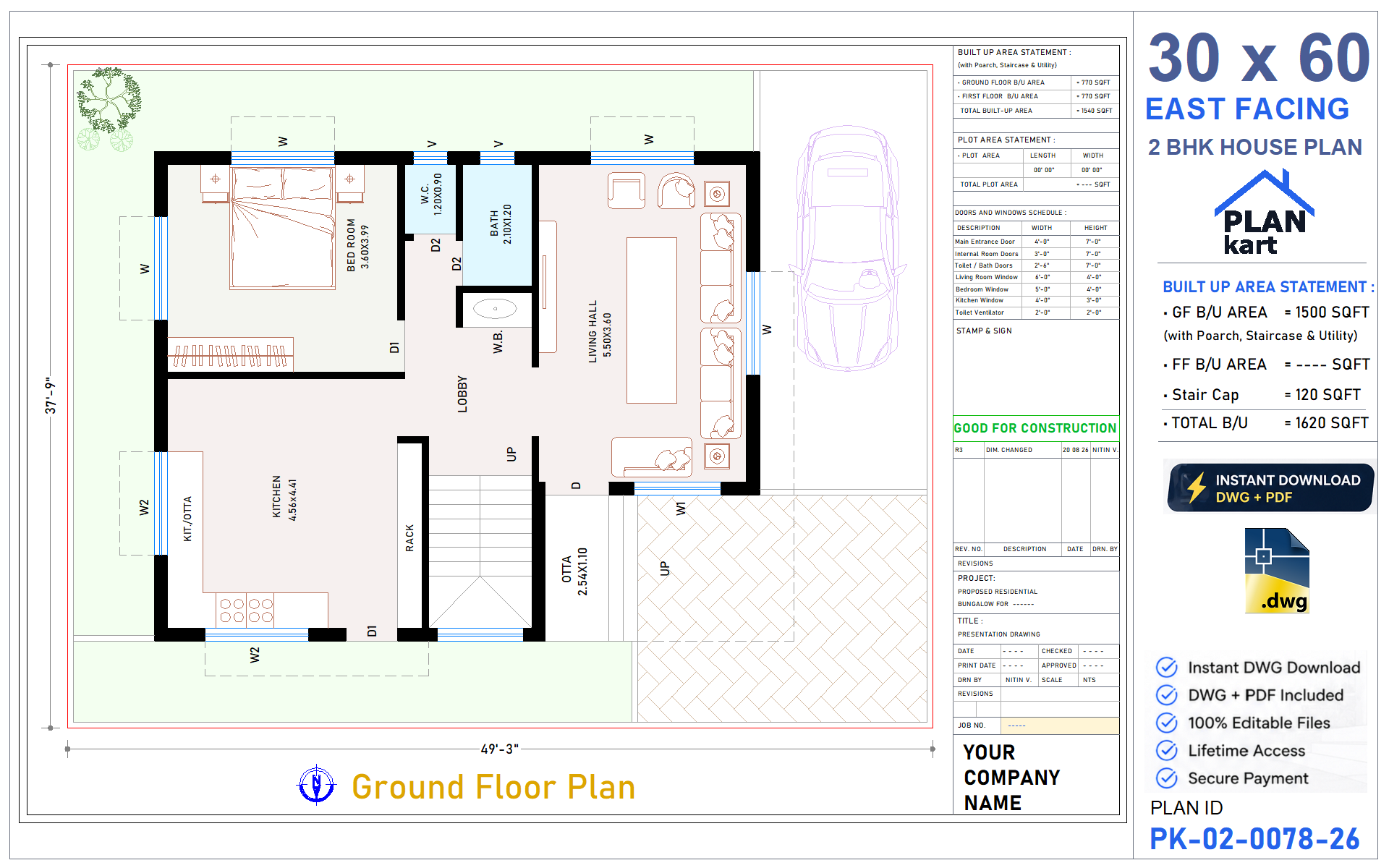 38x50 North Facing 1 BHK House Plan