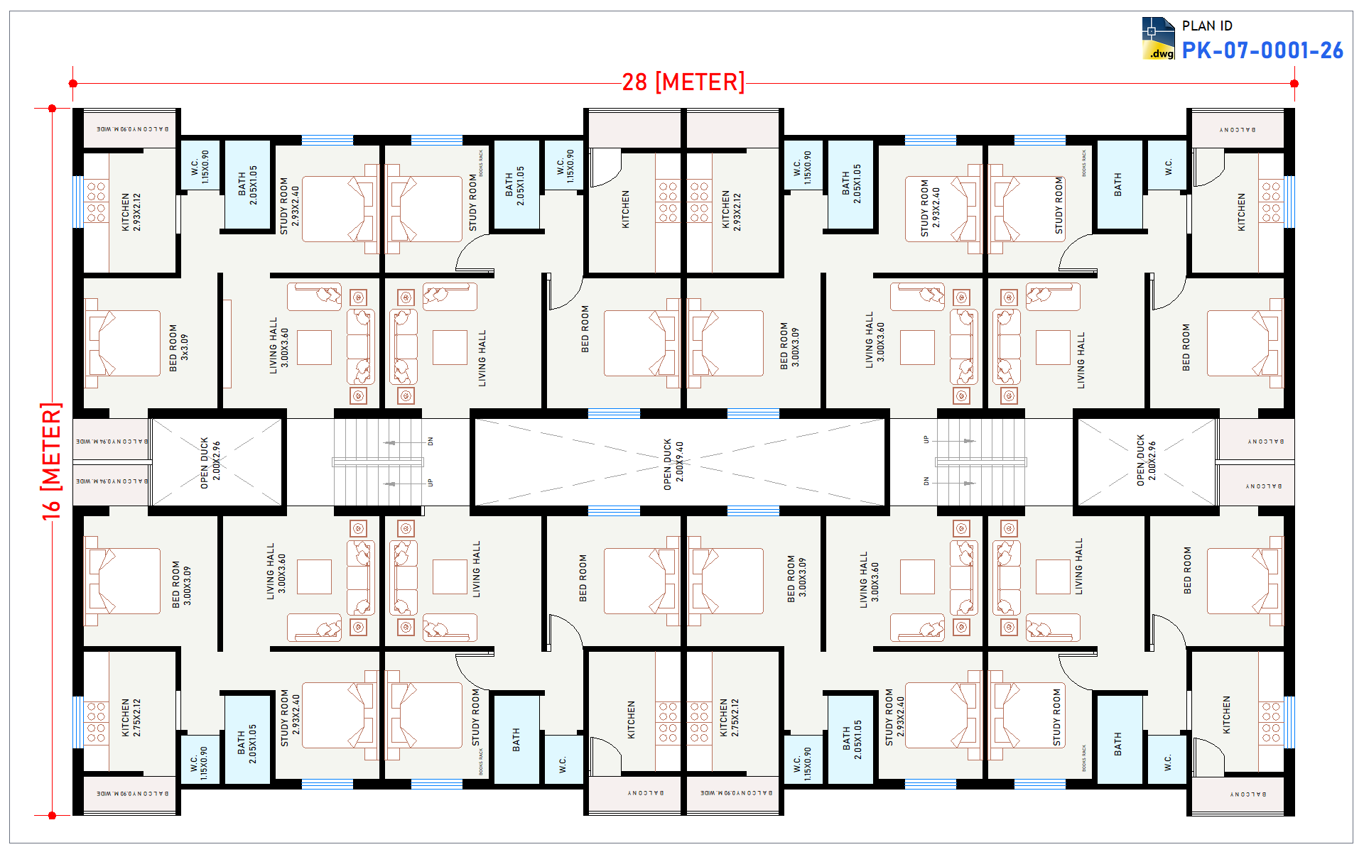 28x16 m Apartment Plan (1 BHK + 2 BHK)