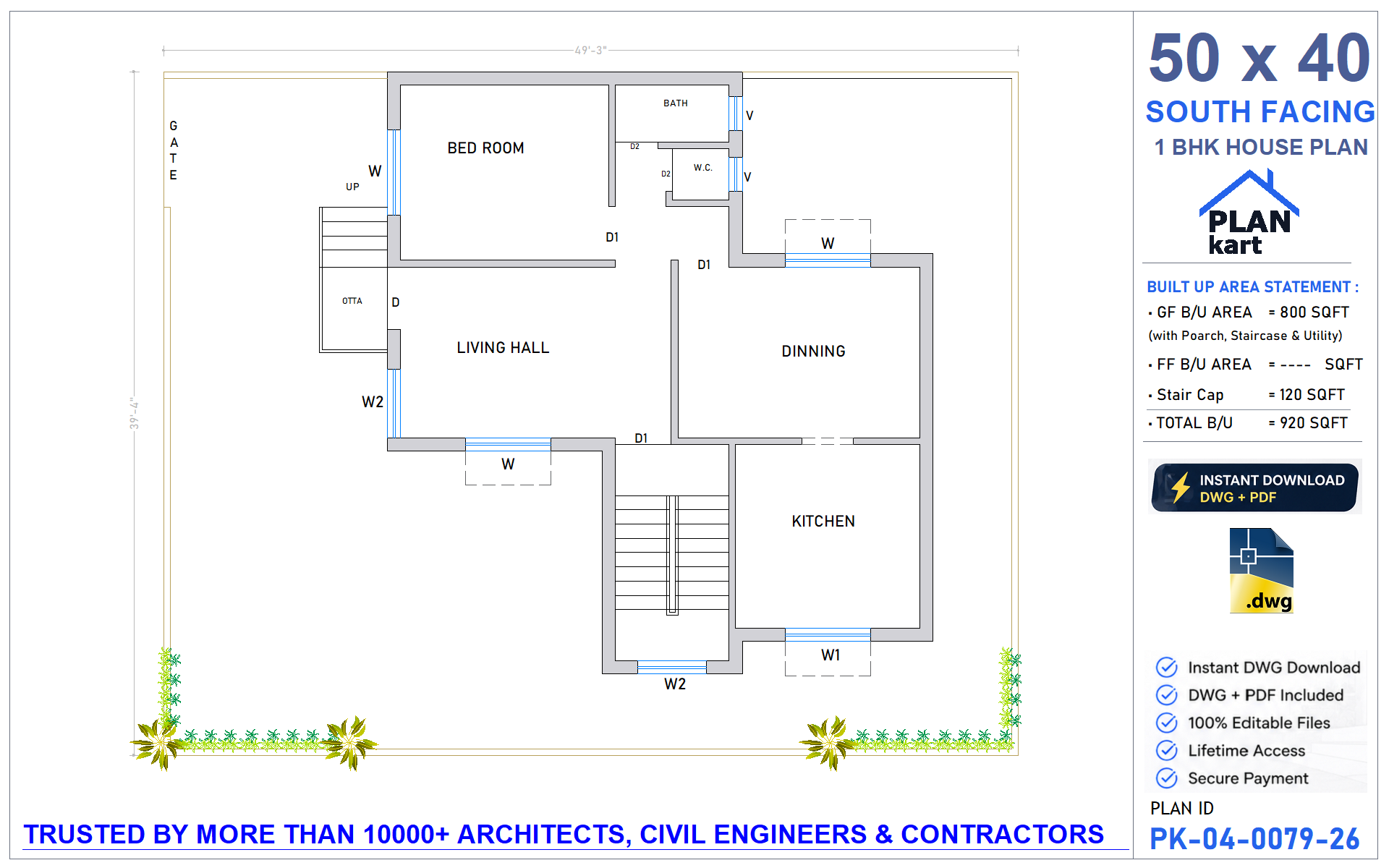 50 x 40 South Facing 1 BHK House Plan - view 1