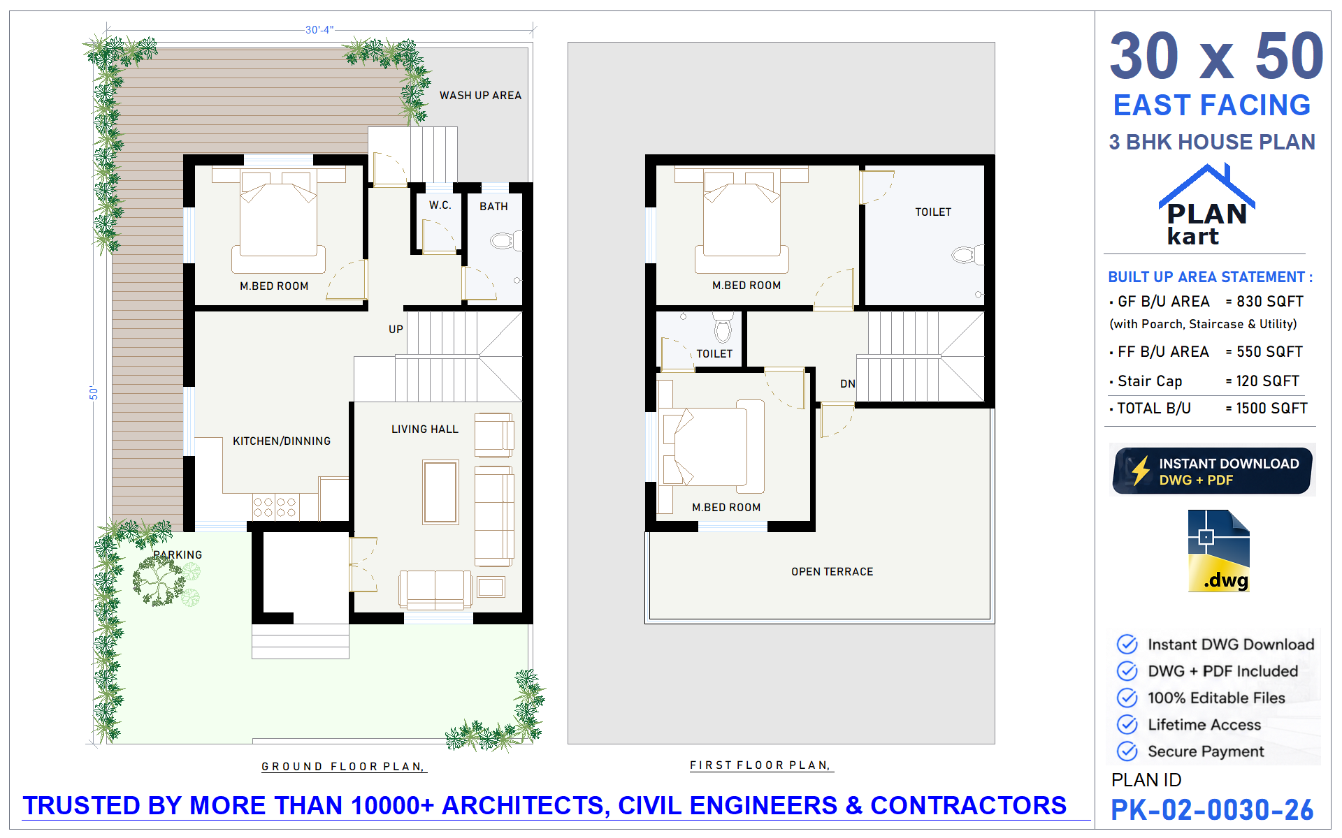 30 x 50 East Facing 3 BHK House Plan - view 1