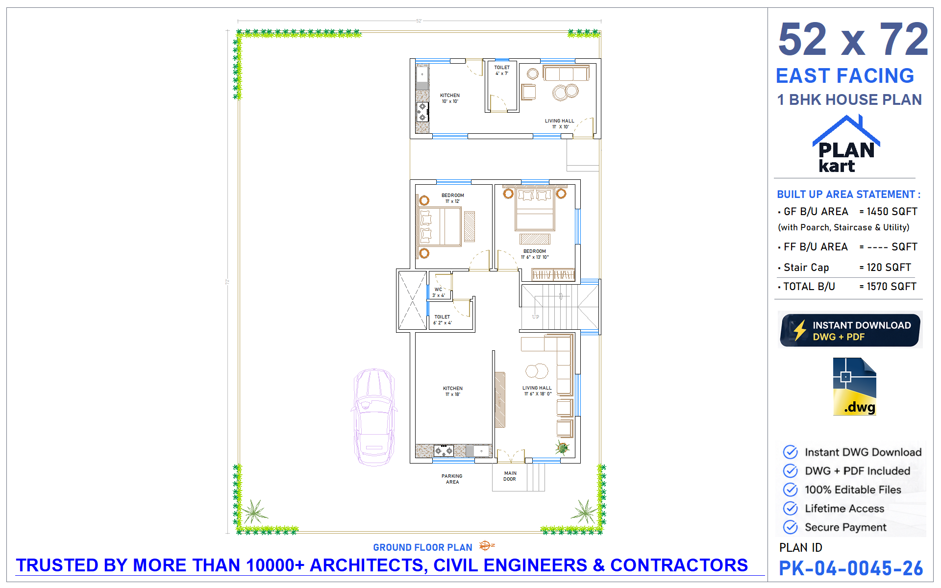 52 x 72 East Facing 2 BHK House Plan - view 1