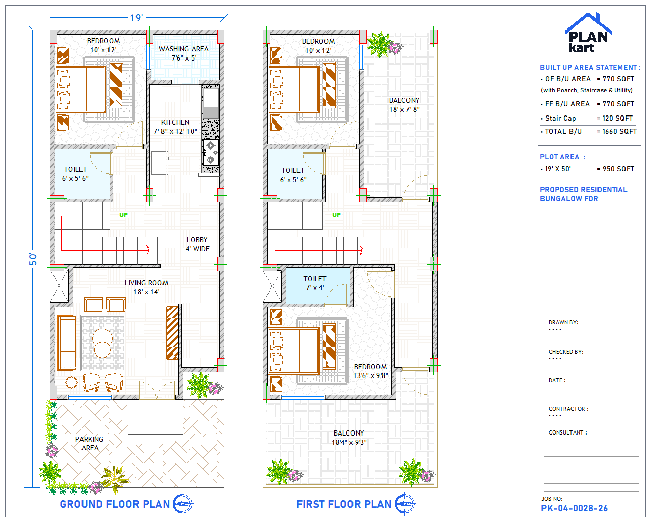3 BHK I 19 x 50 ft West Facing (.dwg)