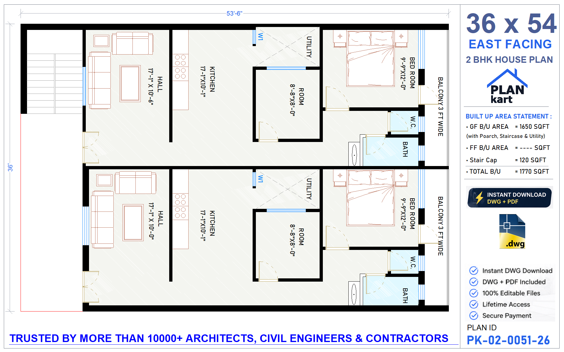 36x54 East Facing 2 BHK House Plan