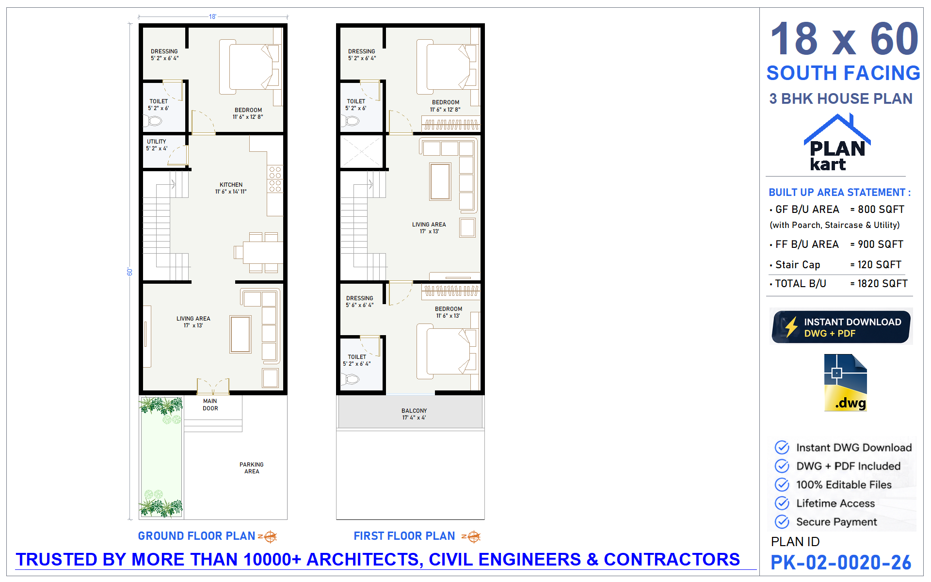 18 x 60 South Facing House Plan |3 BHK | Editable AutoCAD Floor Plan