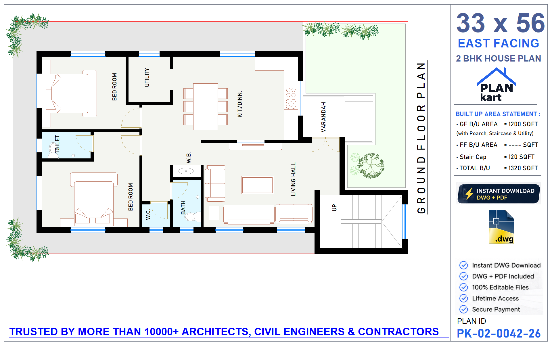33x56 East Facing 2 BHK House Plan