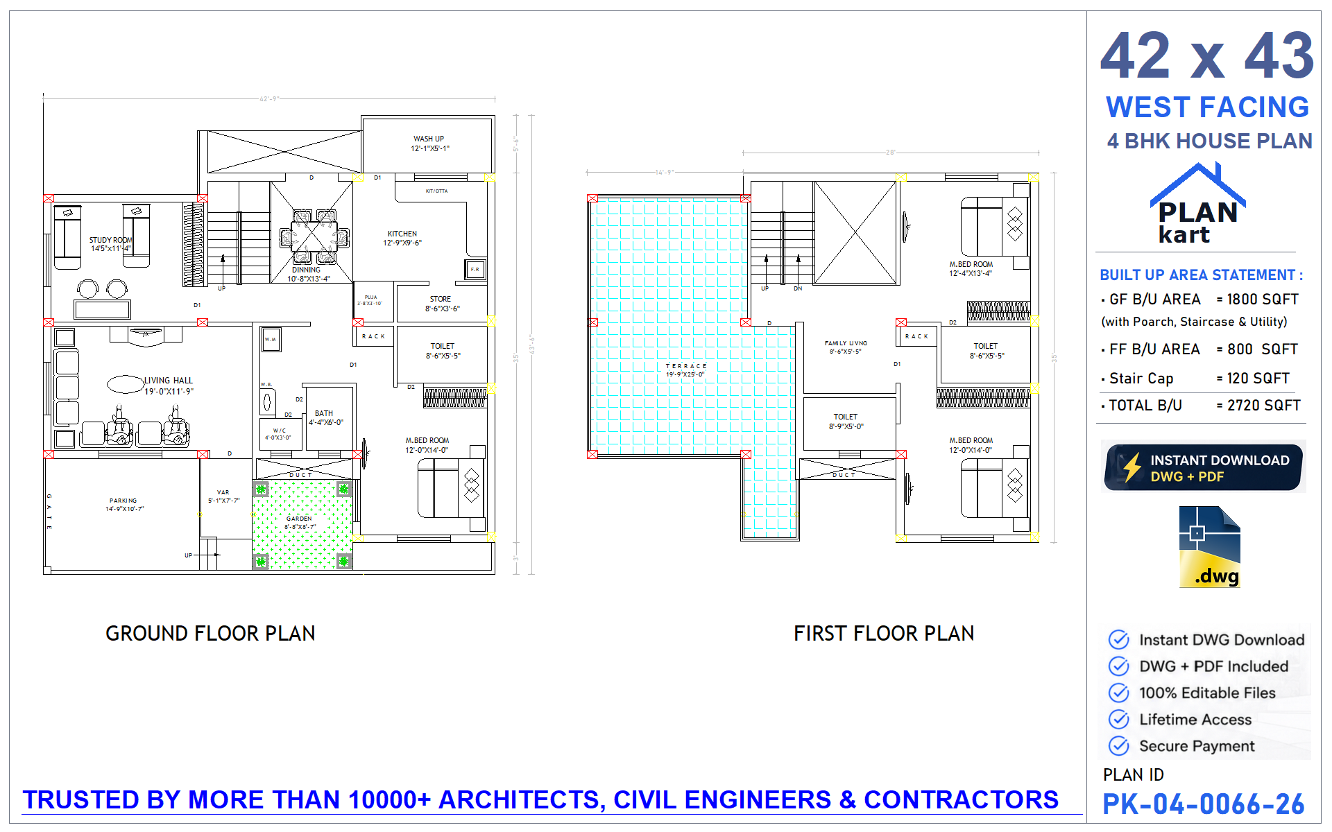 42 x 43 West Facing 4 BHK House Plan - view 1