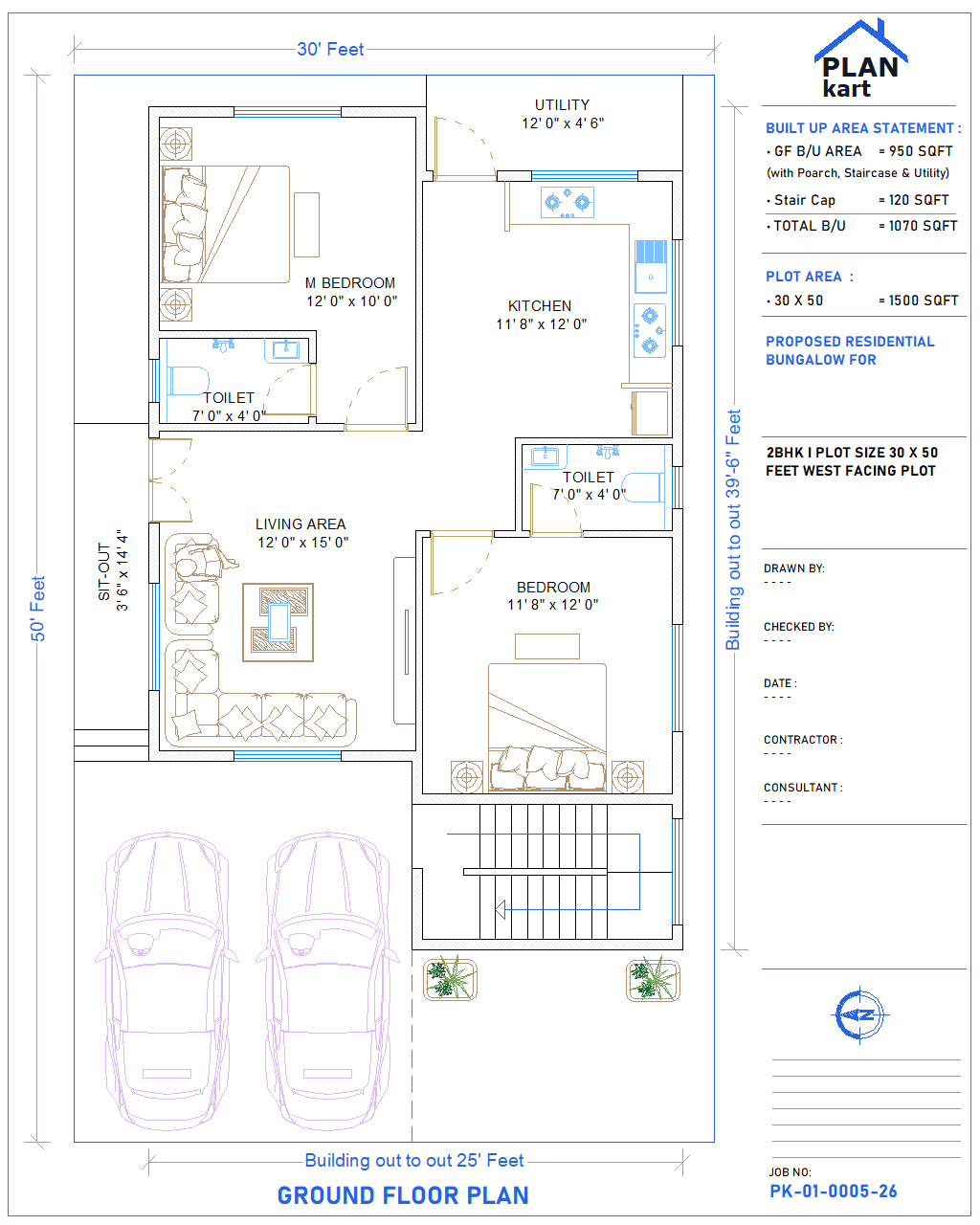 2 BHK I 30 x 50 ft West Facing (.dwg)