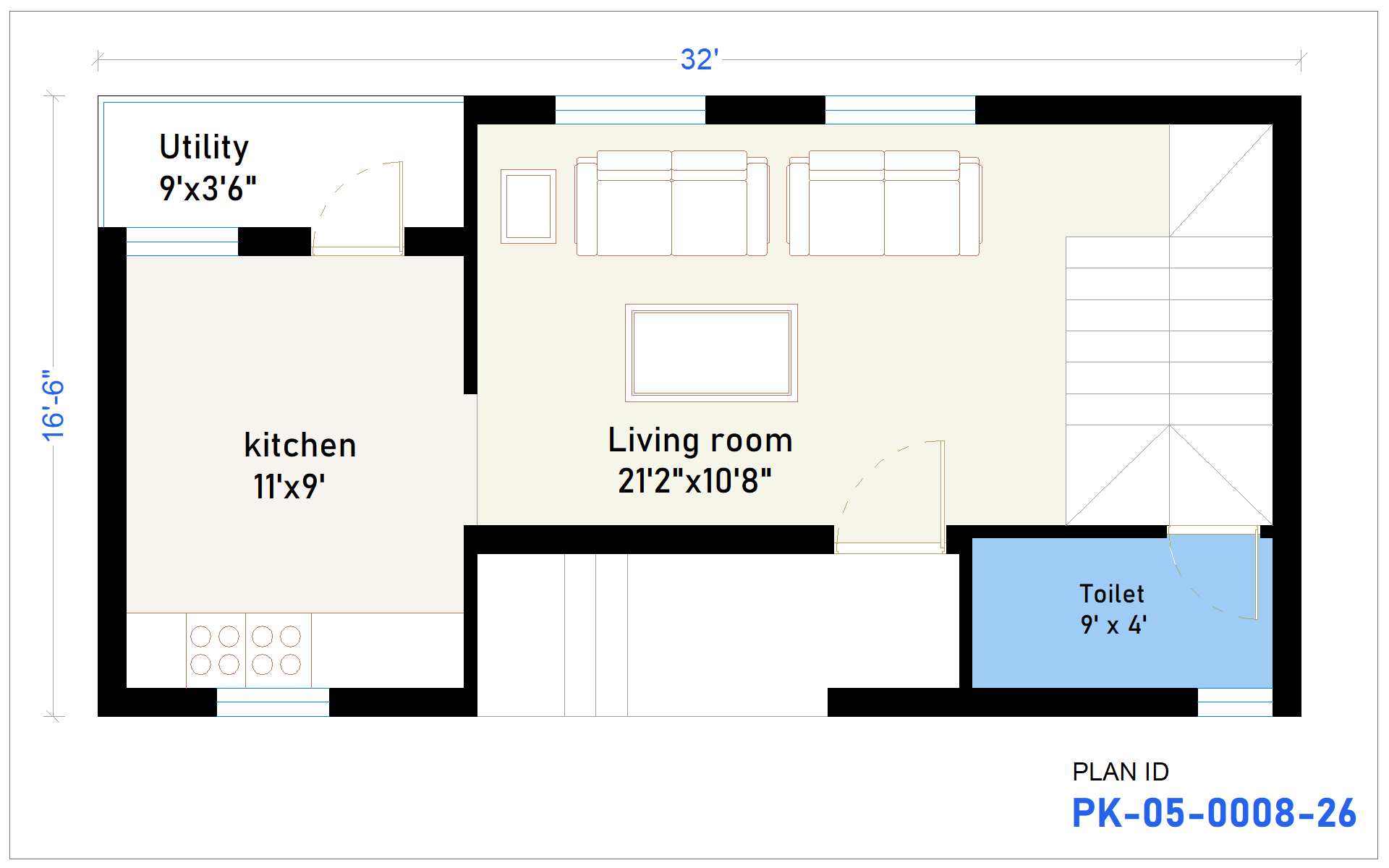 32x17 East Facing 1RK House Plan - view 1