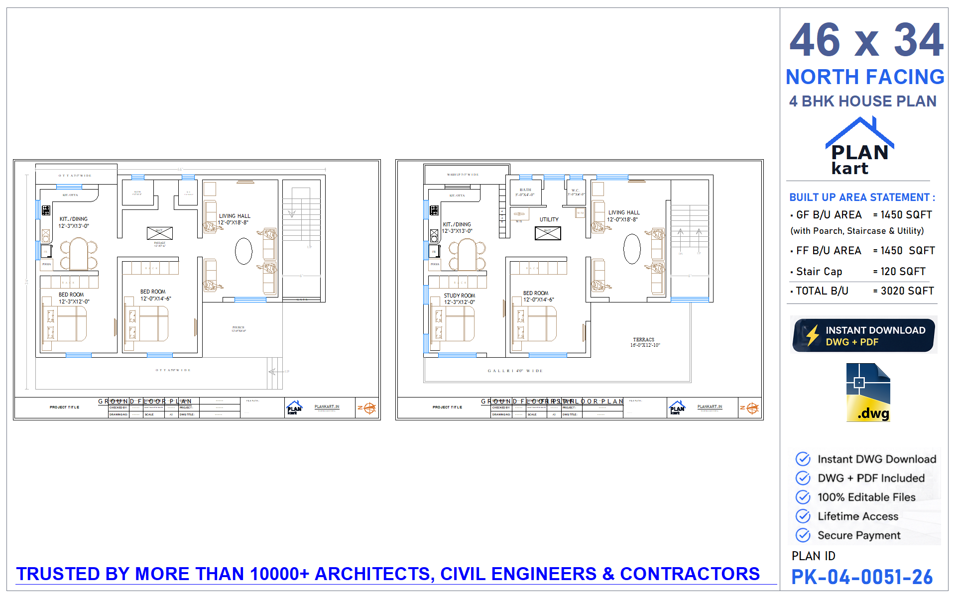 46 x 34 North Facing 4 BHK House Plan - view 1