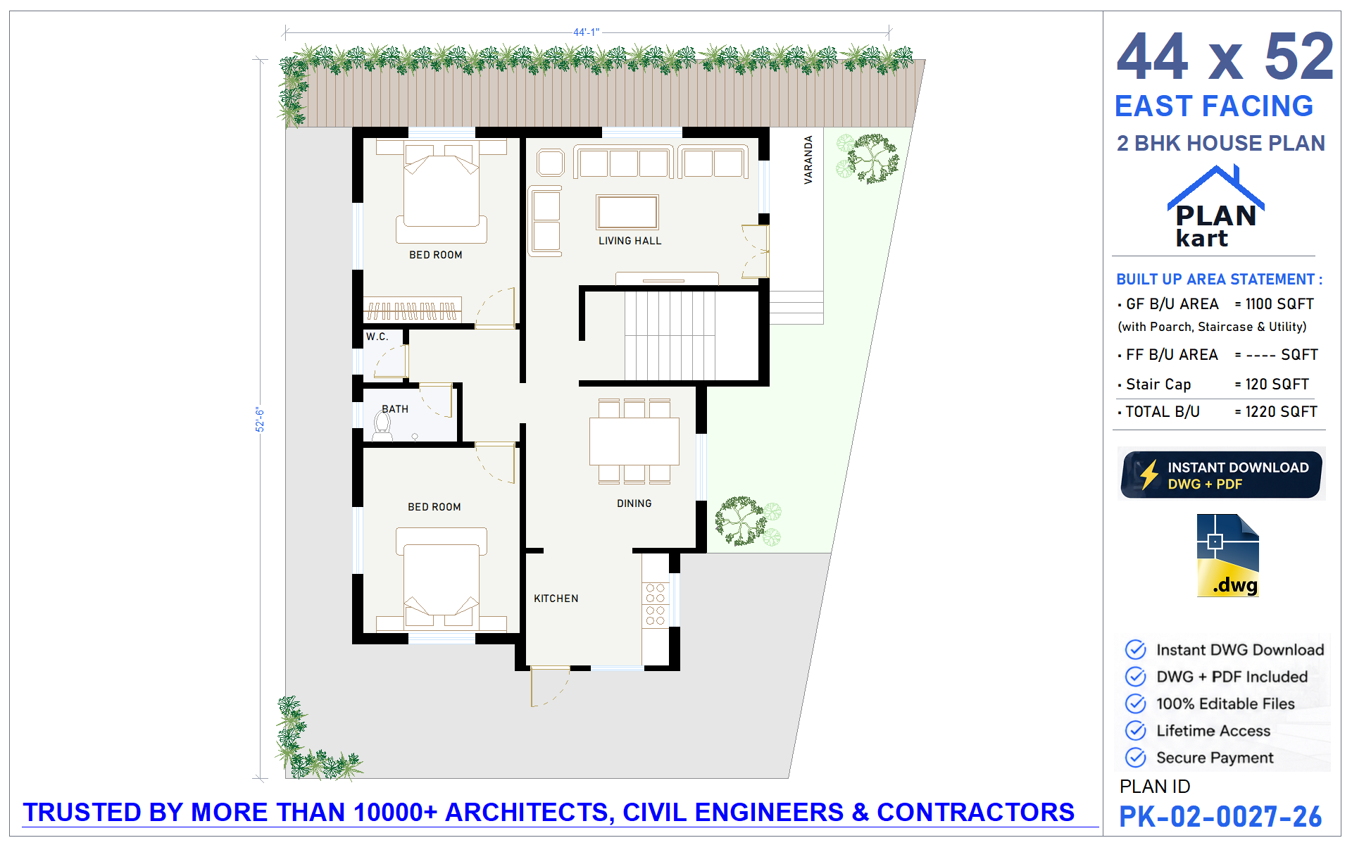 44 x 52 East Facing 2 BHK House Plan - view 1