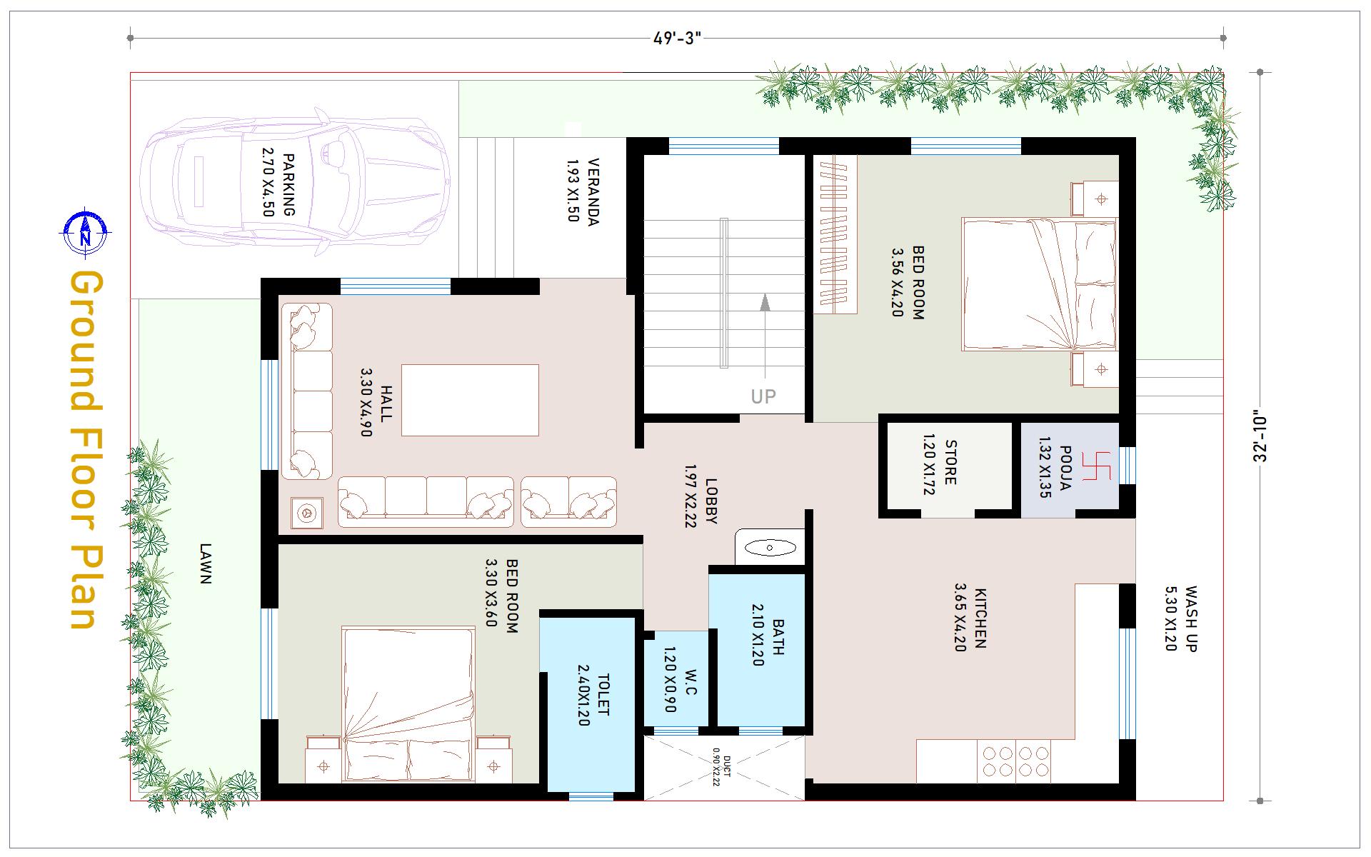 33x50 North Facing 2 BHK House Plan - view 1